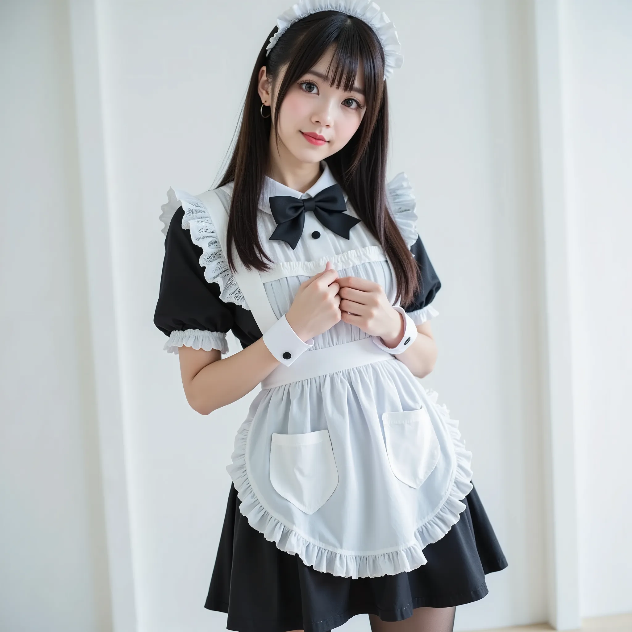 A realistic photo of a beautiful woman dressed in short cyb dress and white apron and black bowtie. She is also wearing wrist cuffs and black pantyhose and black platform shoes. She has long black straight hair with low twintails and maid headdress.,  側面角　...