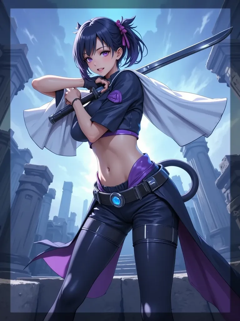 (masterpiece,  computer, mejor quality,  Clear focus, shadow, anime-style, ultra high resolution, 8K, perfect anatomy, Perfect Face, (detailed face), (  Detailed eye  ), score_9, score_8_above, score_7_above, score_6_above, score_5_above, score_4_above,  source _animated, Label 1, Label2, quality_masterpiece, Anatomically correct, beautiful face, Perfect Face, Beautiful and highly detailed face and eyes, Attractive face, detailed face, Delicate facial features, detailed skin, huge breasts, breast size cup D or DD, wide hips, gigantic butt, thick thighs. looking at the viewer. Anime-style illustration of a beautiful woman with an elegant and sensual look. An attractive young and voluptuous anime woman with fair skin, sweet expression and direct look. Young and attractive anime girl, warrior in anime or video game style, with a futuristic appearance combat aesthetics and aesthetics. She has short hair, black and with violet tips, dark blue cat ears over the head, that could be part of a headband. Her expression is decisive and challenging. She is wielding a katana with both hands, in attack position,  ready for combat . She wears a tight and technological outfit: a tight full-body suit, with details in gray and violet, combined with a coat Long open modern design, white with purple interior. She wears fingerless gloves and a shiny black tactical belt. The background shows a mystical stage with collapsed ancient columns, illuminated by a bluish light emanating from the cloudy sky, giving her an epic and supernatural air.