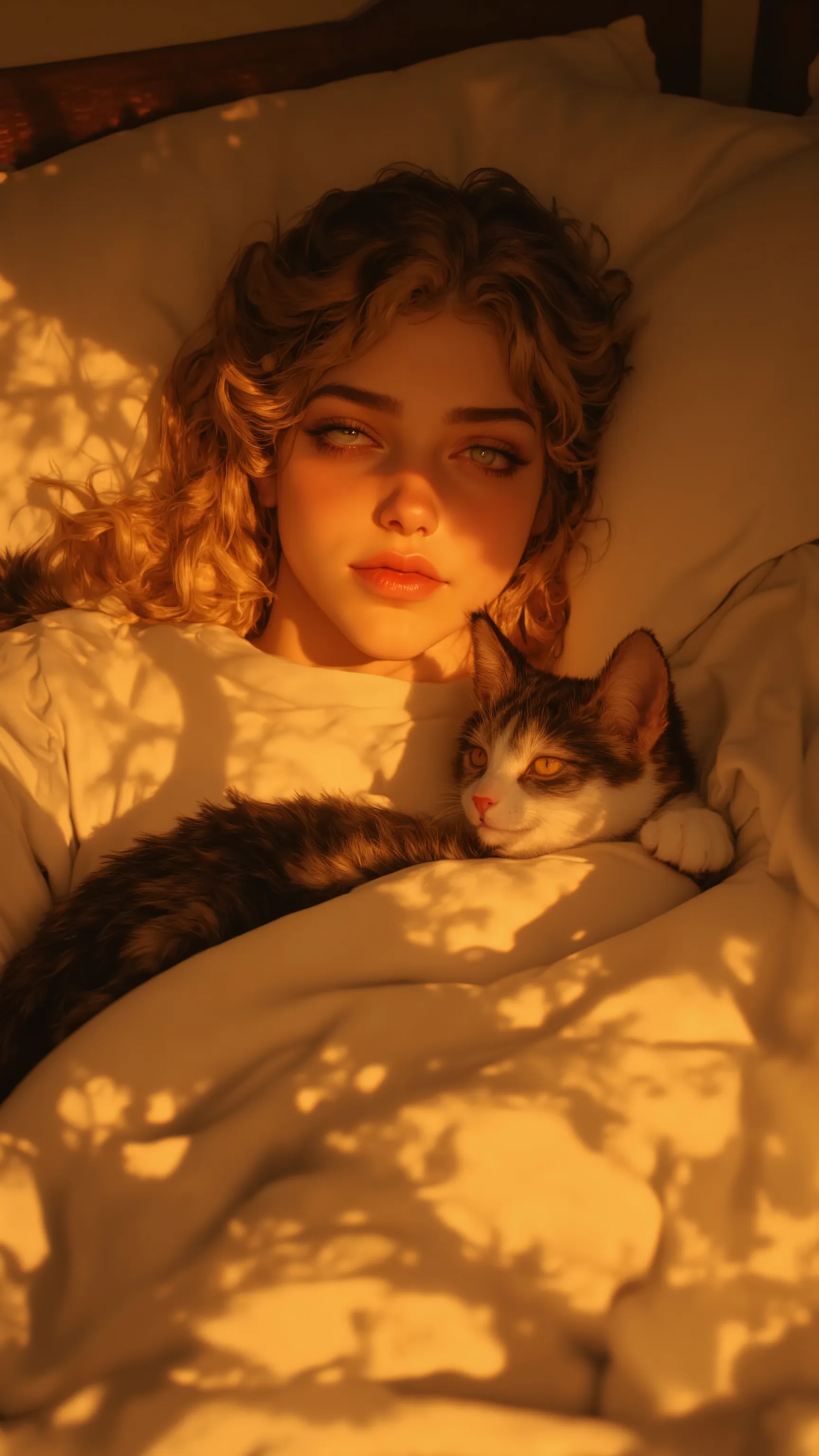 lovely charming gaay hair young femaly laying in the bed wit cat , only t shirt and panties,sun rise shadow light play, lovely, heartwarming epic wallpaper 