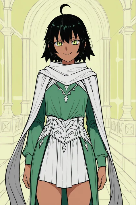 blackcloverxl, ((fantasy clothing)), dark skin, ((flowing scarf)), ((black hair)), ((fantasy paladin)), ((ahoge)), ((yellow-ish green eyes)), ((cheerful expression)), ((resembles Artoria Pendragon from Fate)),  ((daytime background)), 1girl, beautifully dr...