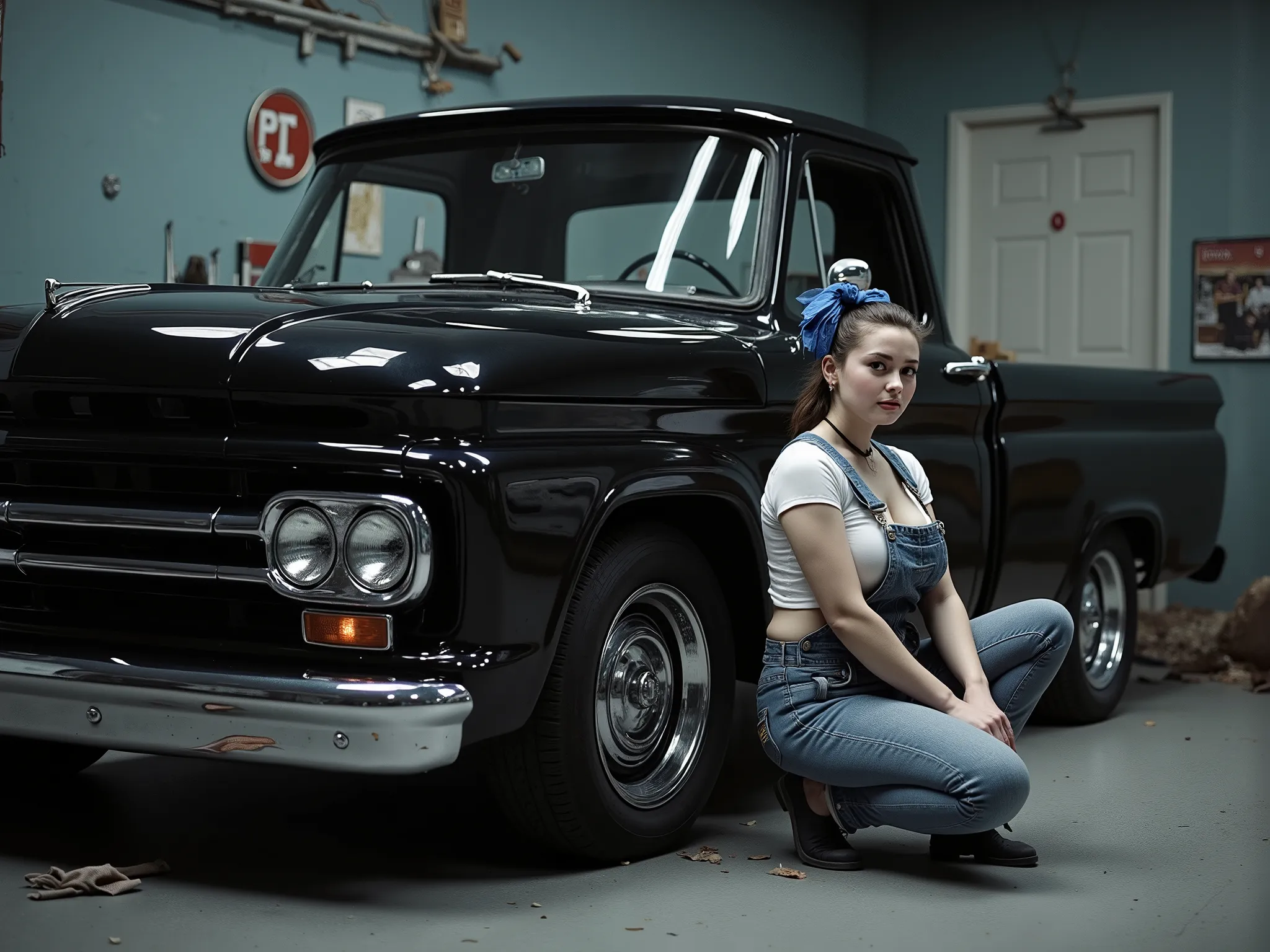 Ultra-realistic image of a young woman kneeling beside a restored 1960 Ford pickup truck inside a dim vintage garage, illuminated by cool, bluish overhead lights. The truck’s glossy black paint reflects the icy tones of the ambient lighting, giving the ent...