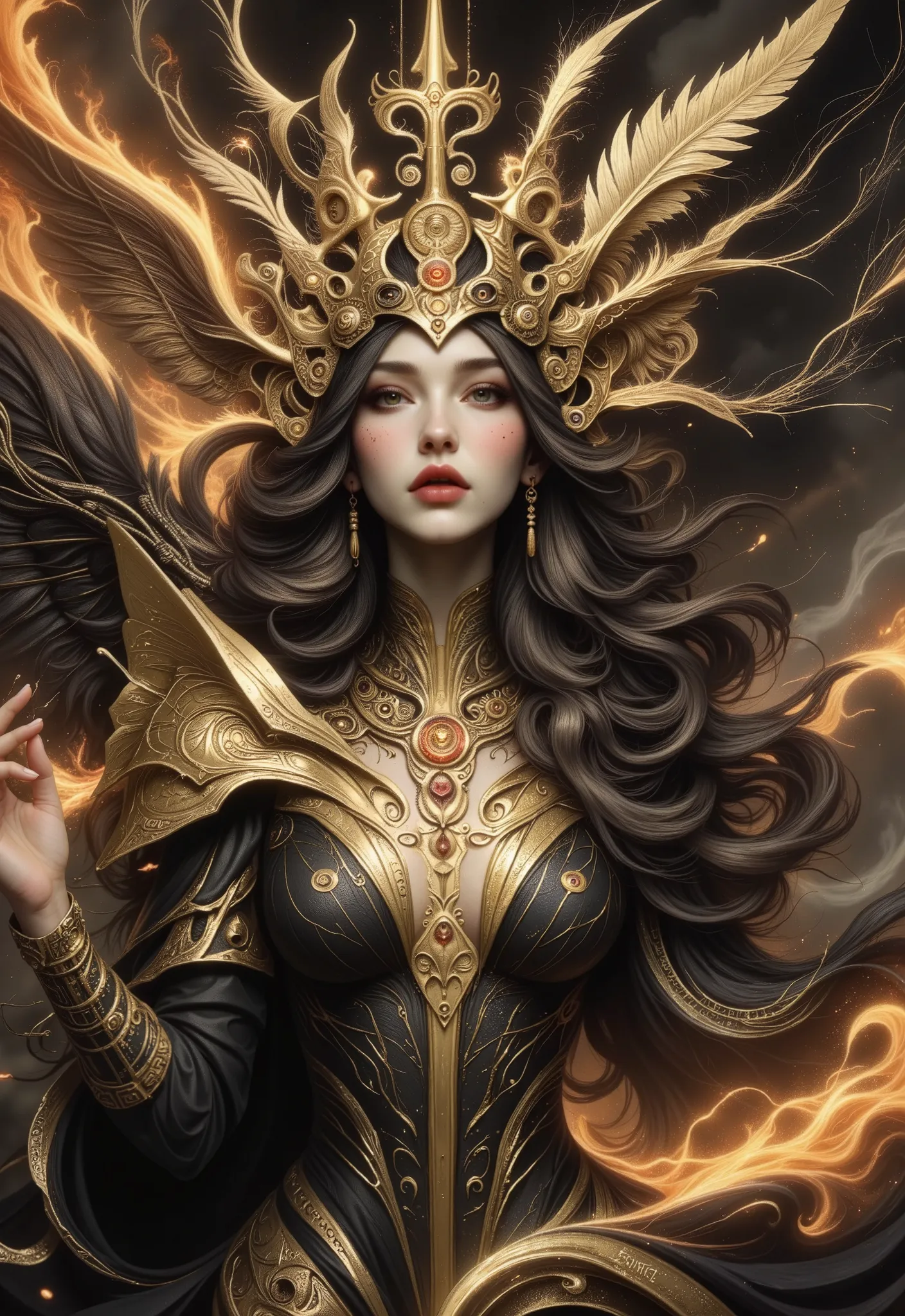 Done in a gothic art nouveau expressive surreal 3/4 portrait style, we see A hyper-realistic, otherworldly celestial being with an overwhelming presence, designed to evoke both fascination and fear. This entity has an elongated, humanoid form with unnatura...