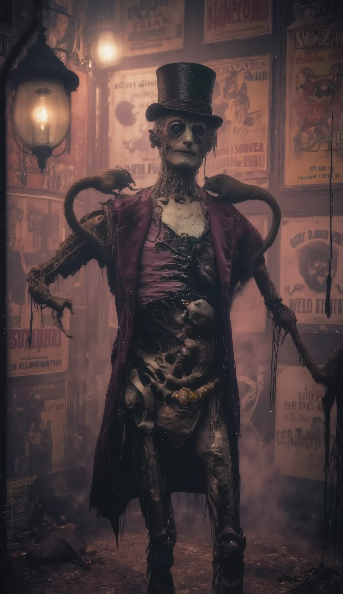 a grotesquely elegant Victorian gentleman with completely reversed limbs and joints — elbows bending the wrong way, knees inverted, fingers curled backward — dressed in a finely tailored dark purple velvet suit, gold pocket watch, tall top hat, and monocle...