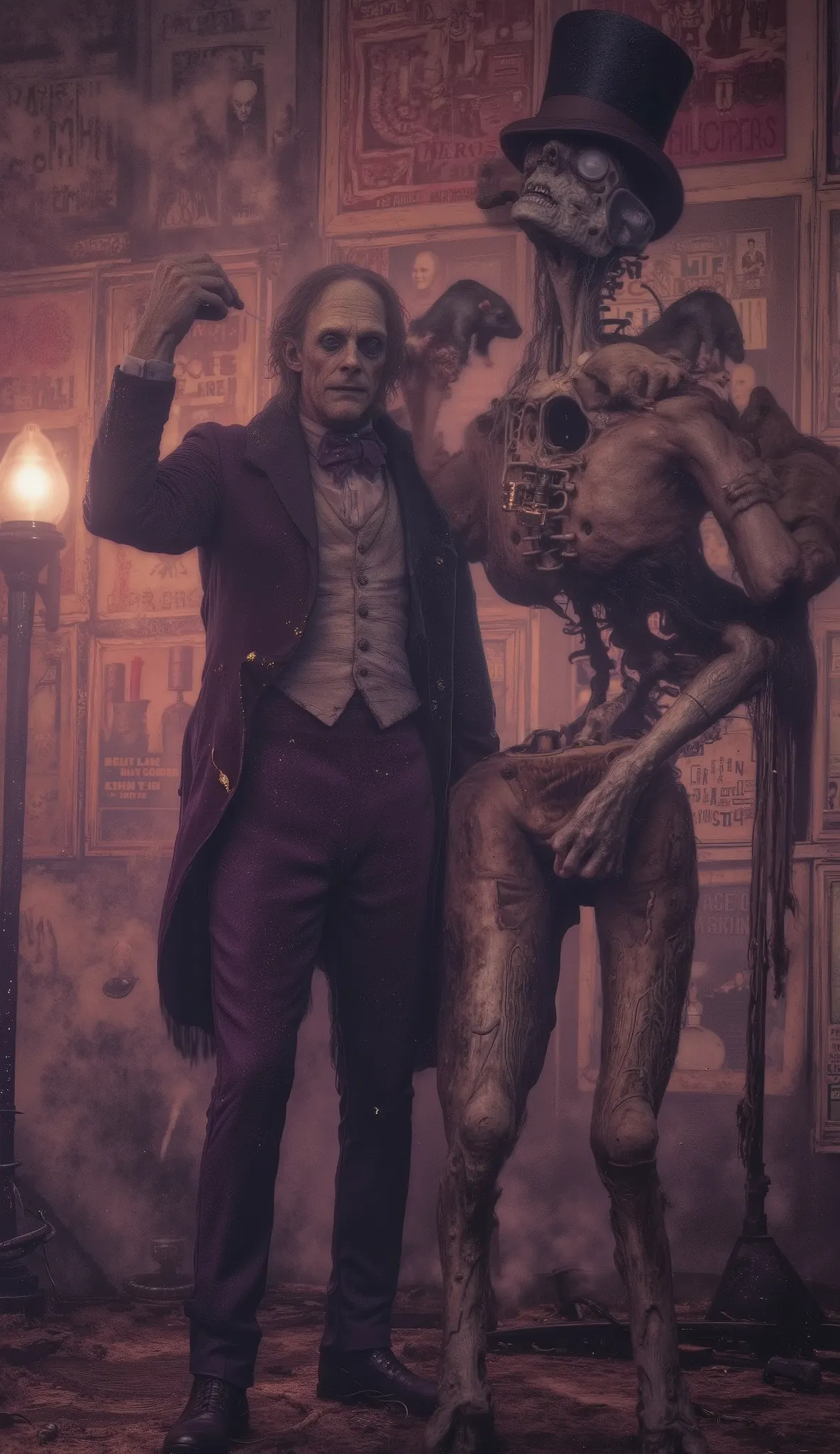 a grotesquely elegant Victorian gentleman with completely reversed limbs and joints — elbows bending the wrong way, knees inverted, fingers curled backward — dressed in a finely tailored dark purple velvet suit, gold pocket watch, tall top hat, and monocle...