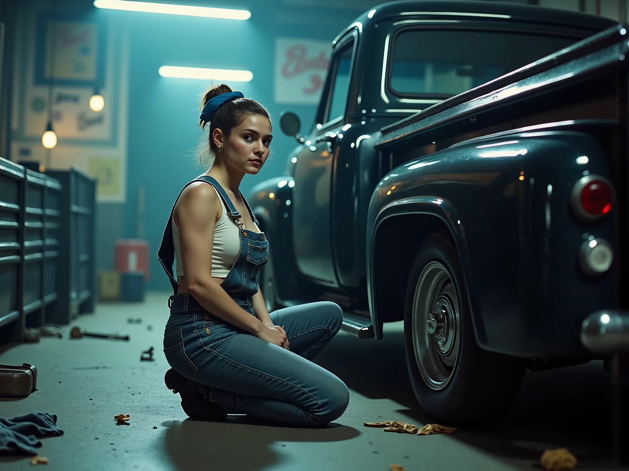 Ultra-realistic image of a young woman kneeling beside a restored 1960 Ford pickup truck inside a dim vintage garage, illuminated by cool, bluish overhead lights. The truck’s glossy black paint reflects the icy tones of the ambient lighting, giving the ent...