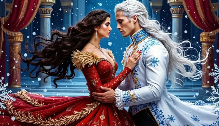 a woman with dark hair in a red ball gown with gold patterns and flashes of fire and an ice prince, muscular, high, tunic with long white hair, in a white coat with blue snowflake patterns, a woman with dark hair in a red ball gown with gold patterns and f...