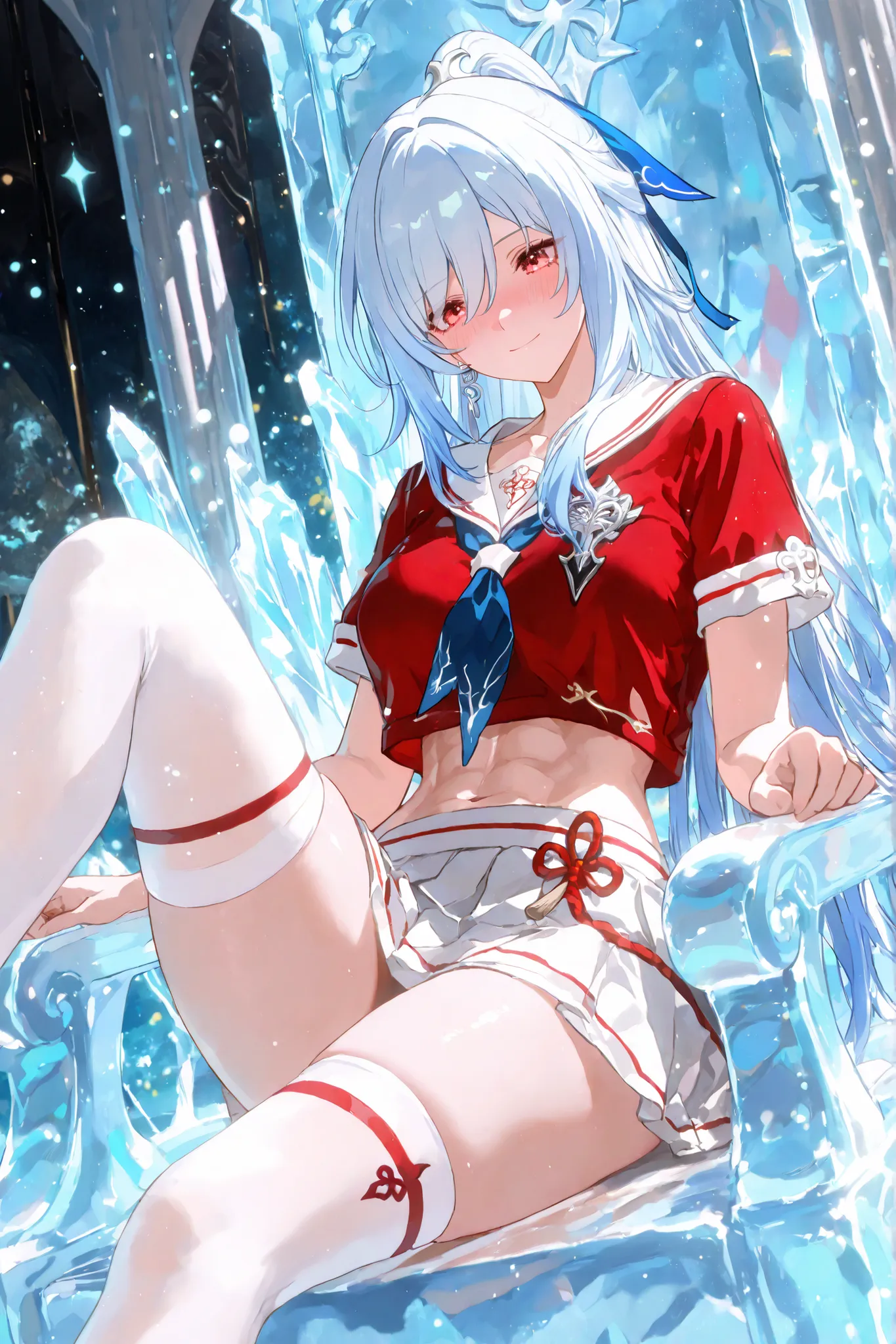 masterpiece, best quality, highres, anime style, 1girl, solo, (Jingliu from Honkai Star Rail), long light blue hair, silver hair, high ponytail, blue ribbon in hair, red eyes, blushing, smiling, wearing a sporty sailor outfit, red crop top, sailor collar, ...