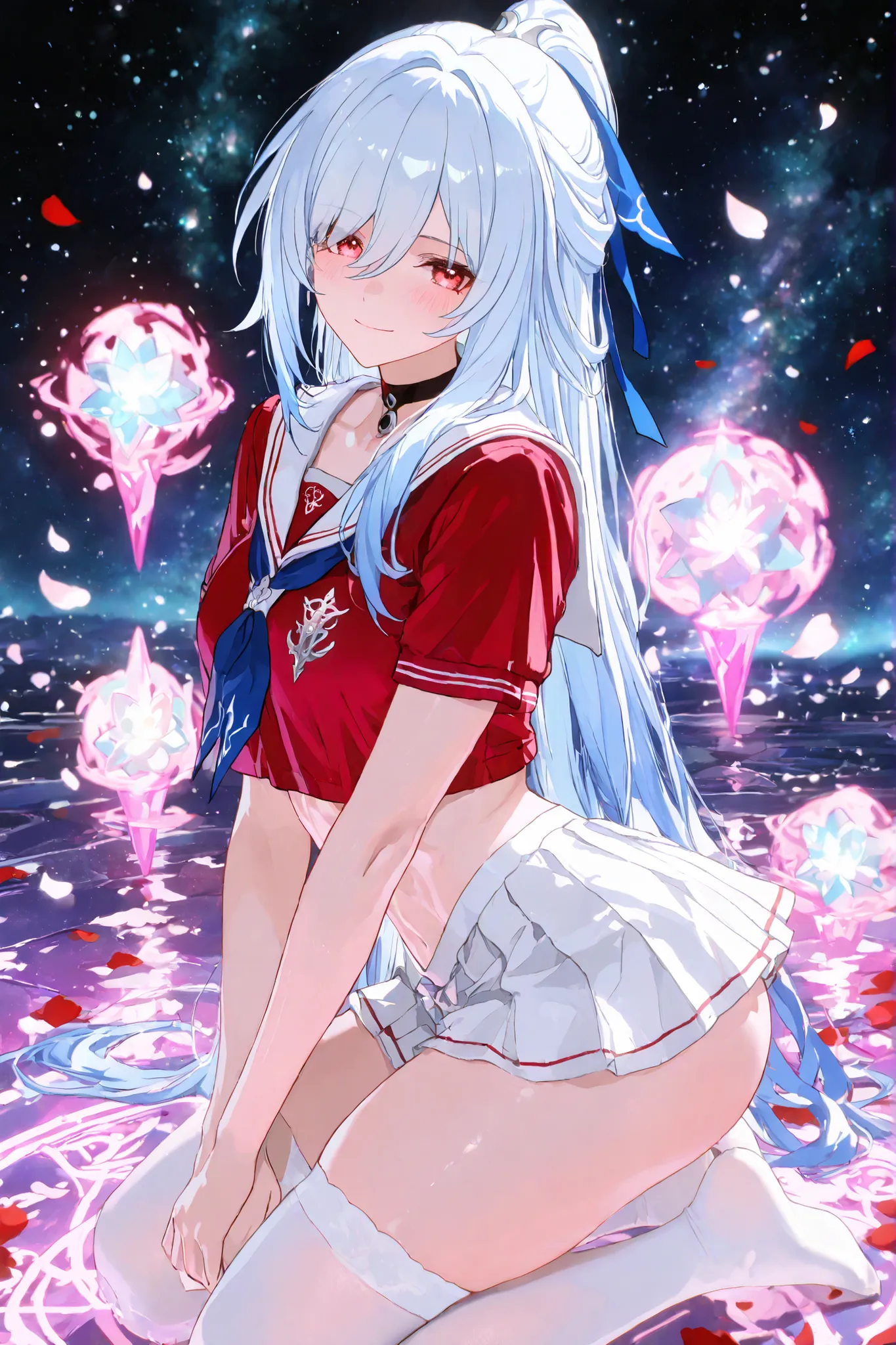 masterpiece, best quality, highres, anime style, 1girl, solo, (Jingliu from Honkai Star Rail), long light blue hair, silver hair, high ponytail, blue ribbon in hair, red eyes, blushing, smiling, wearing a sporty sailor outfit, red crop top, sailor collar, ...