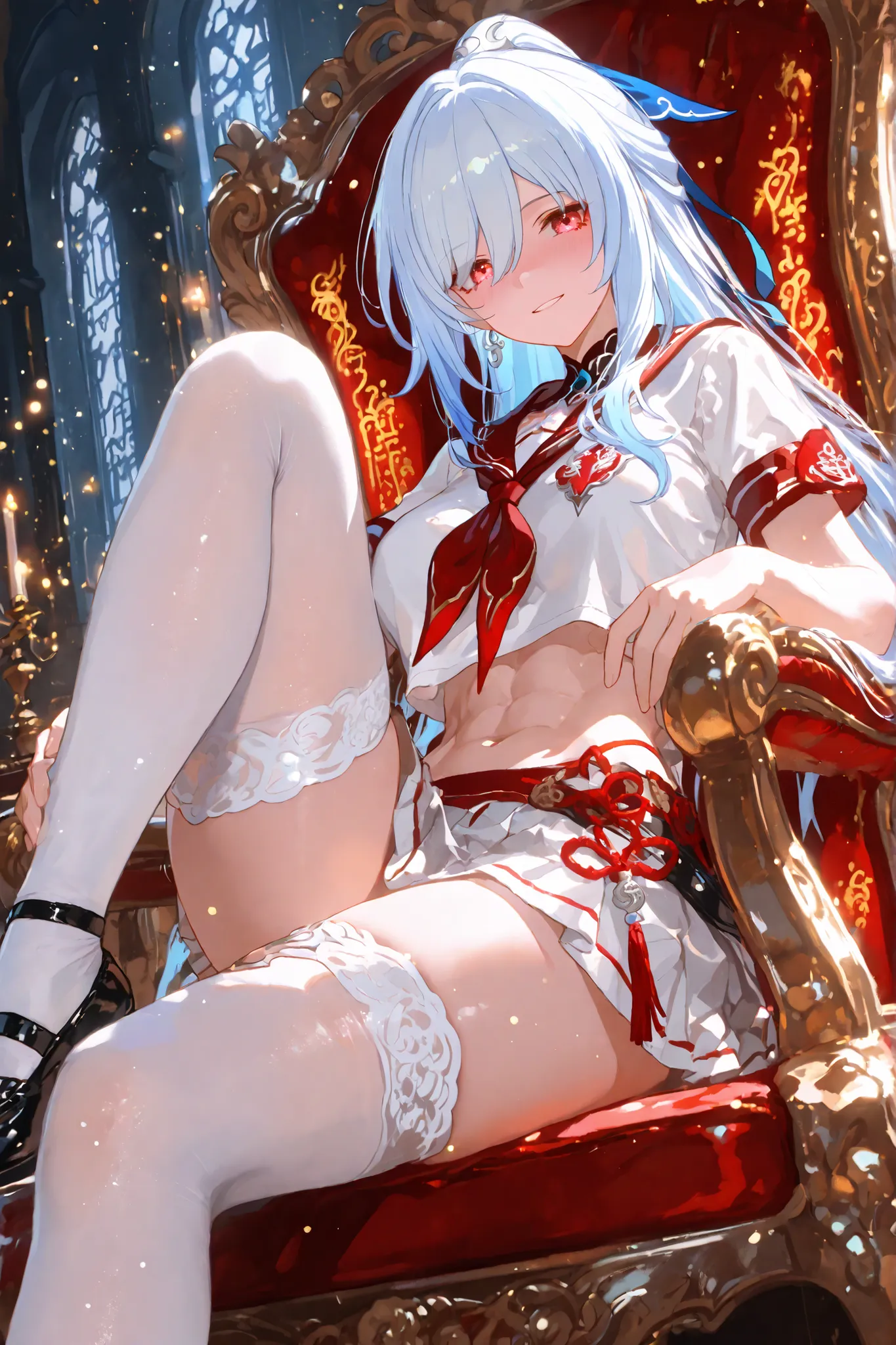 masterpiece, best quality, ultra-detailed, 8k, sharp focus, intricate details, cinematic lighting, (game character art style with semi-realistic rendering), 1girl, solo, (Jingliu from Honkai Star Rail), long light blue hair, silver hair, high ponytail, blu...