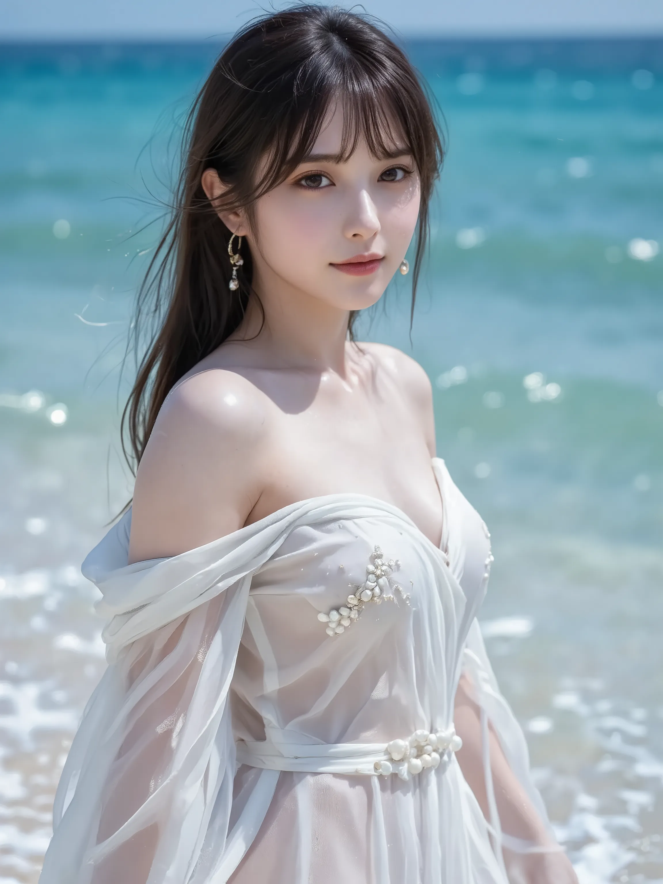 glamorous japanese model, enormous natural breasts, ethereal white swim-couture dress, gossamer fabric merging with sea foam, delicate pearl embellishments, Caribbean blue ocean background, authentic happy smile, wet fabric clinging to curves, opal-like sk...