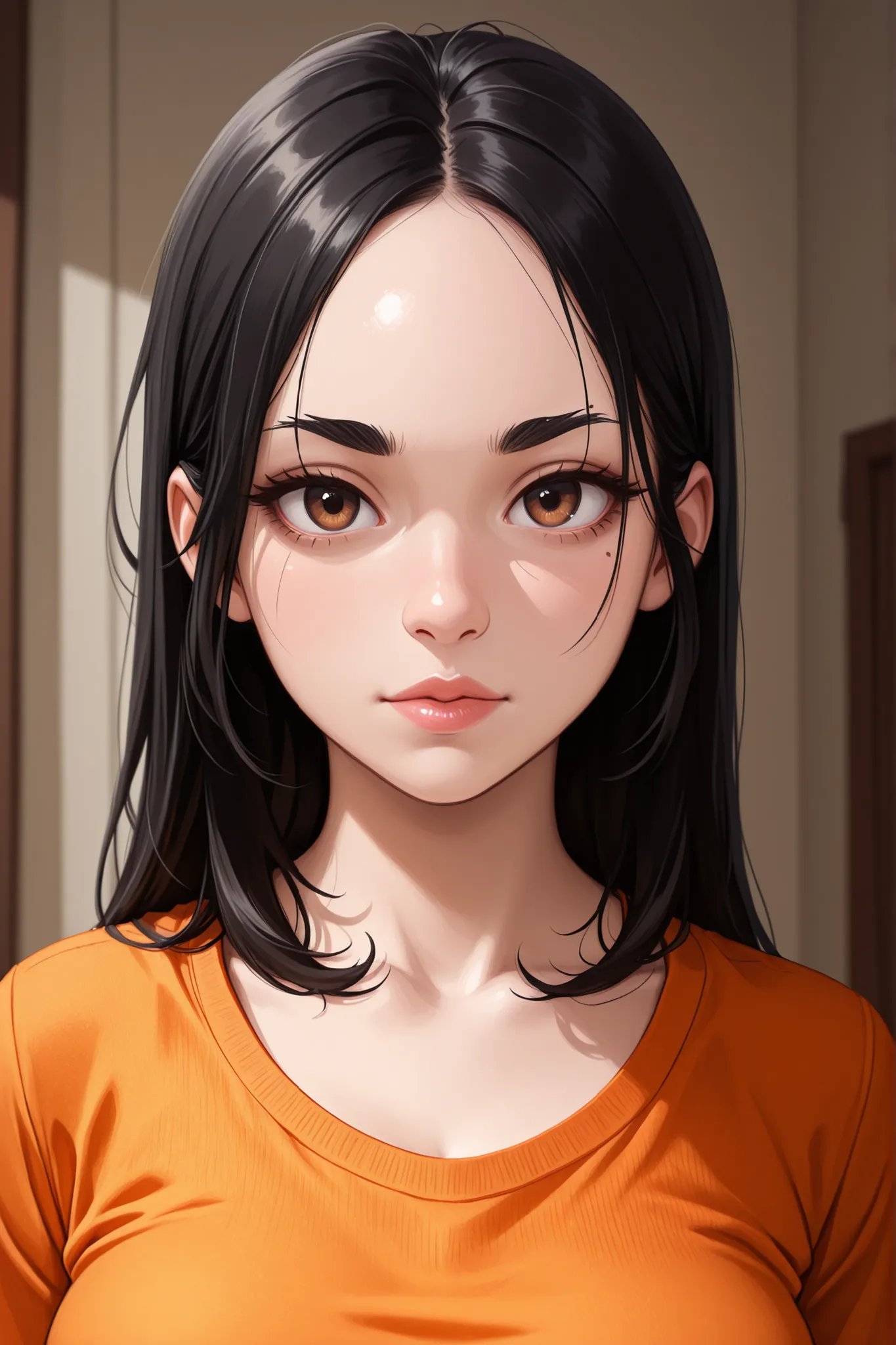 Perfect Face, Perfect Body, Black Hair, Long Hair, (Forehead), Black Thin Eyebrows, Brown Eyes, Lips Without Makeup, (Medium Breasts, Perfect Breasts), (Orange T-Shirt), Looking At Viewer