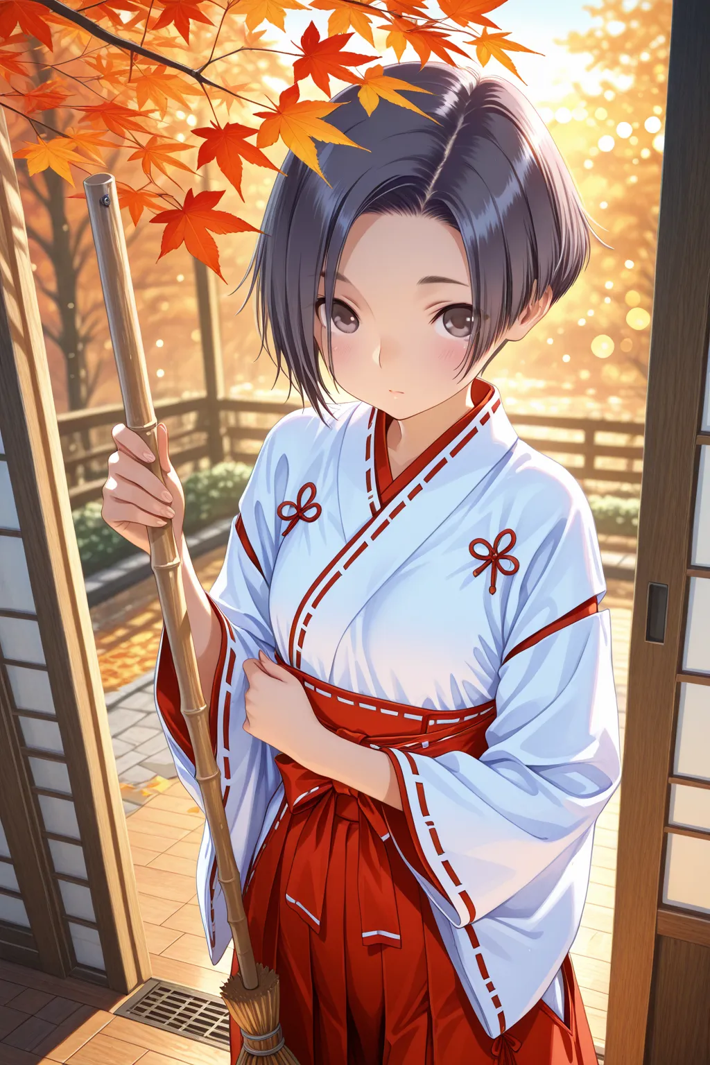 1girl,kobayakawa rinko,love plus,bob cut,autumn,pov across momiji,miko costume,morning,grab broom,from above,cowboy shot,Golden Ratio Composition,Radial Composition,Diagonal Composition,watercolor BREAK masterpiece, best quality, ultra-detailed, high resolution, 8k, finely detailed, intricate details,sharp focus,dramatic shadows, perfect anatomy, detailed clothes, ray tracing reflections,Dynamic lighting,HDR,cinematic lighting, global illumination, depth of field,bokeh