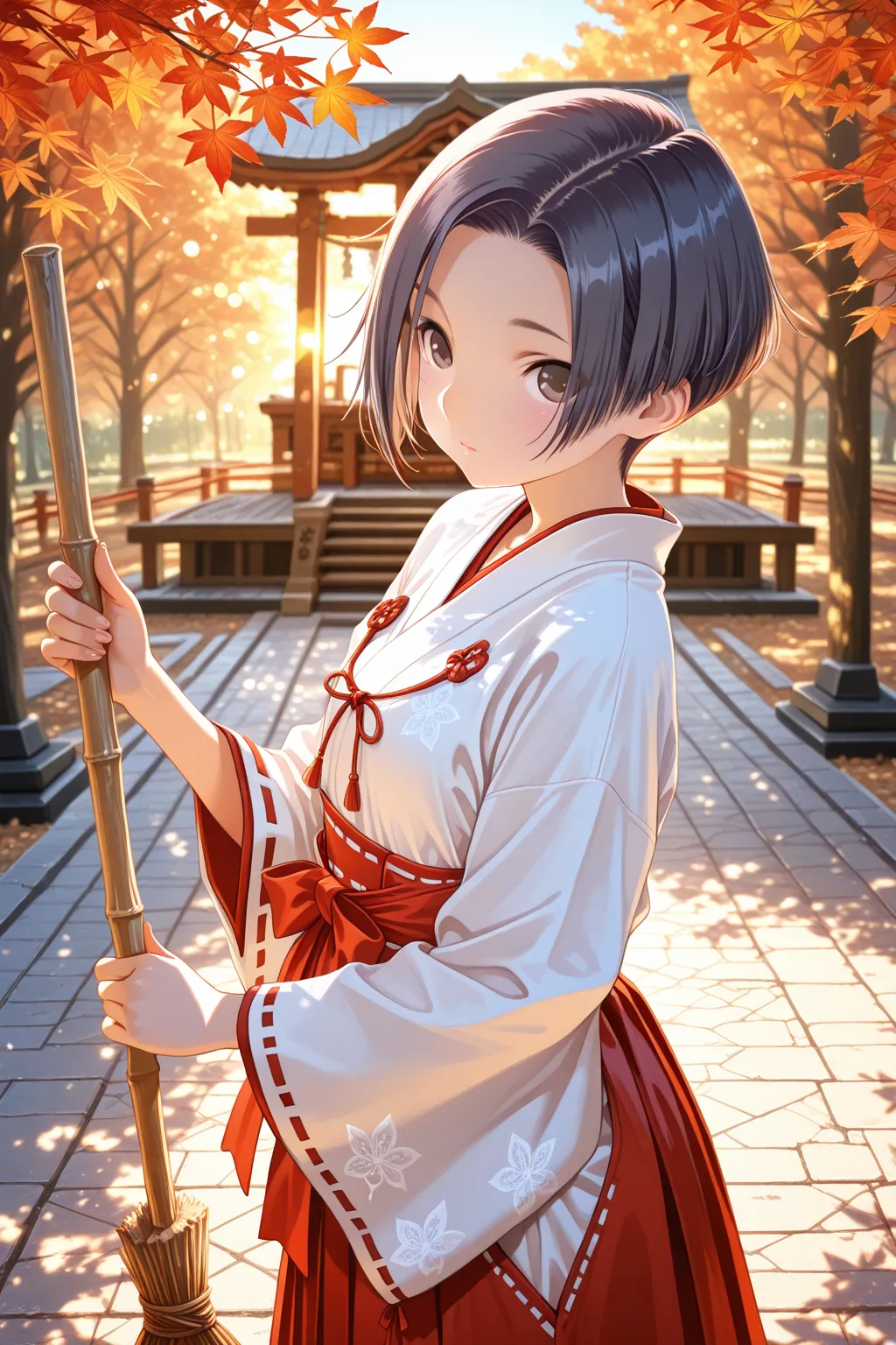 1girl,kobayakawa rinko,love plus,bob cut,autumn,pov across momiji,miko costume,morning,from above,cowboy shot,shrine,holding broom,cleaning,Golden Ratio Composition,Radial Composition,Diagonal Composition,watercolor BREAK masterpiece, best quality, ultra-detailed, high resolution, 8k, finely detailed, intricate details,sharp focus,dramatic shadows, perfect anatomy, detailed clothes, ray tracing reflections,Dynamic lighting,HDR,cinematic lighting, global illumination, depth of field,bokeh