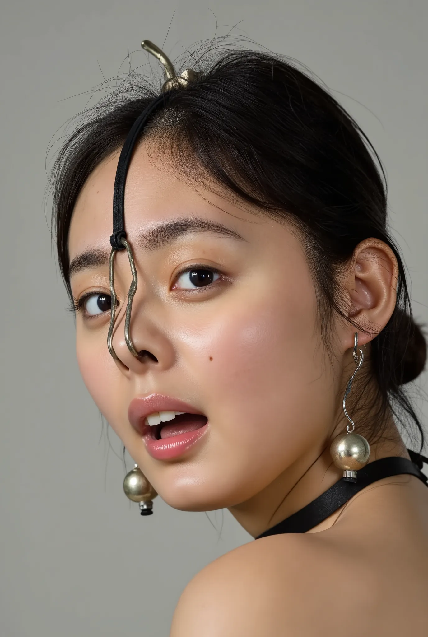 A high resolution photograph of a Japanese adult woman, wearing, off-shoulder dress. Her hairstyle is medium length black hair parted middle showing forehead. She has flawless porcelain-white skin, fine-textured skin. She wears a pet-collar with a bell, ea...
