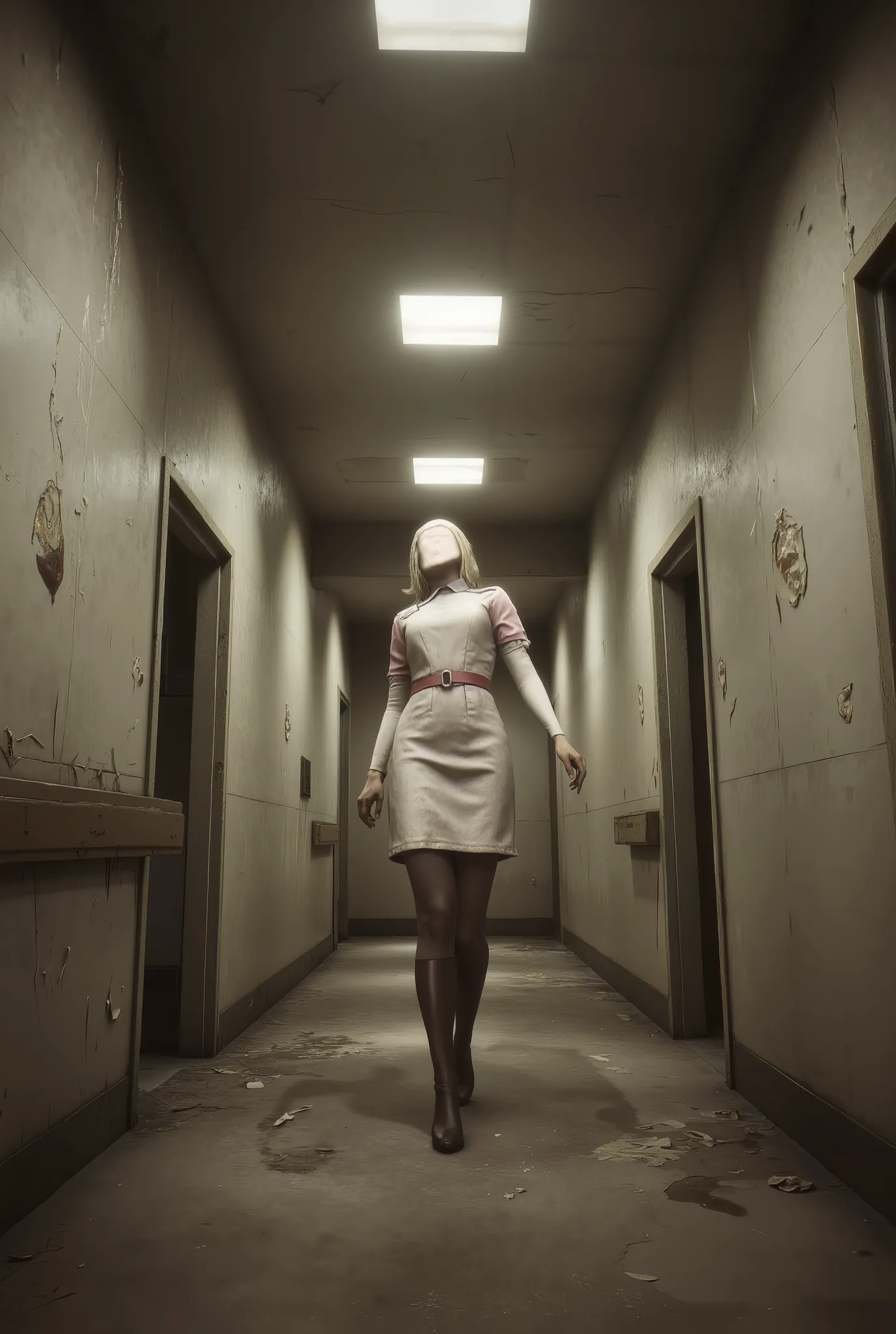 Silent Hill, faceless nurse, distorted features, unnatural pose, bowed legs, nurses hat, nurses uniform, abandoned hospital, dilapidated hallway, darkness, macabre, high detail, masterpiece.