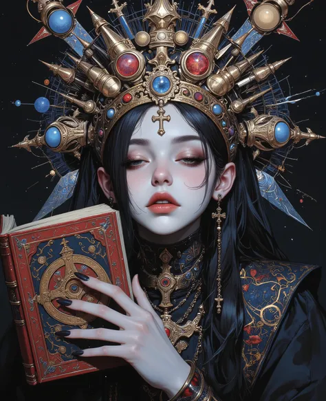 Surreal Painting,  An extravagant, mysterious female figure dressed in intricately embroidered black and white medieval clothing that fits her form perfectly , A jeweled rosary necklace with a large crucifix rests on her shoulder,Allusions to a historical ...