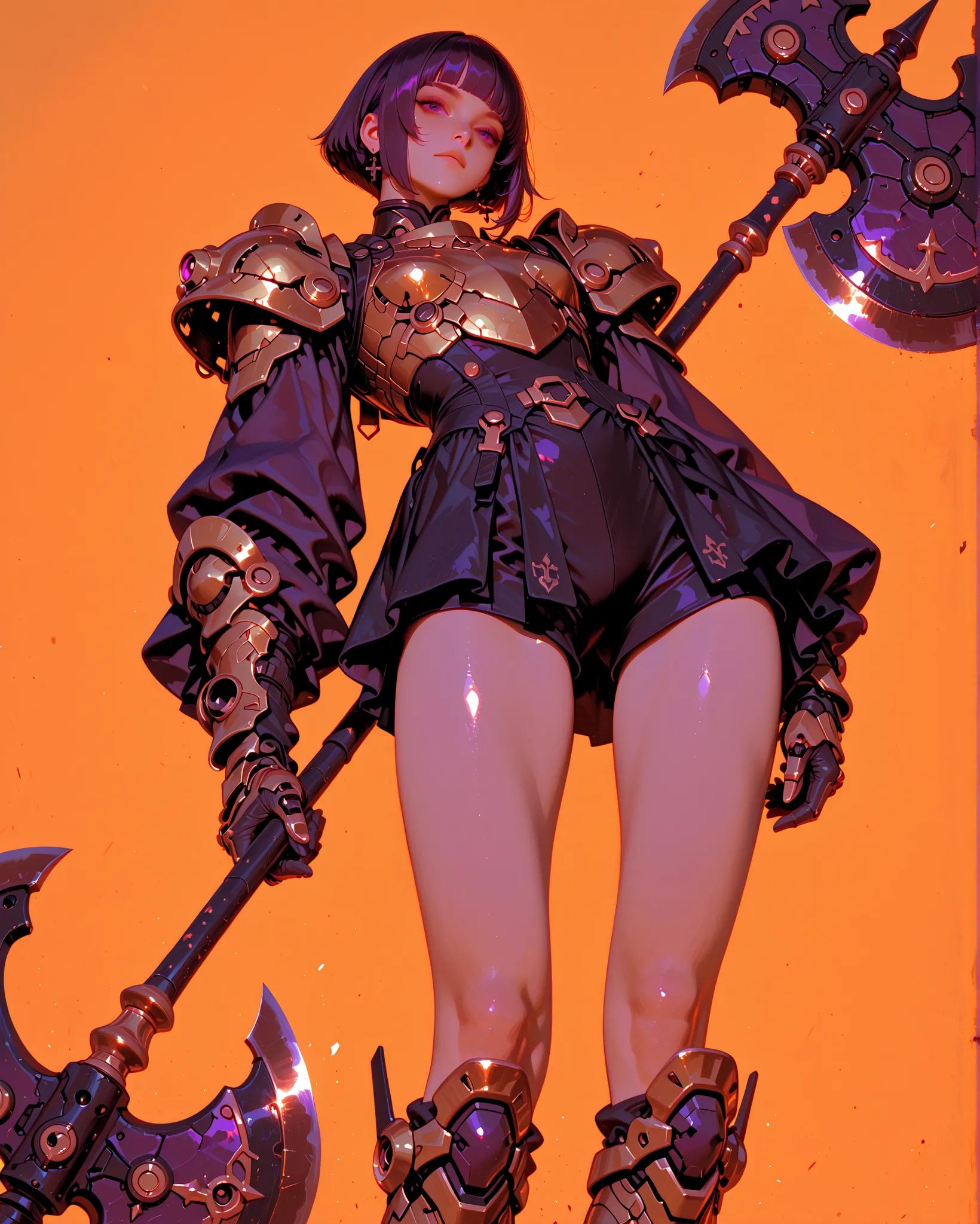 ((low angle)) mecha goth girl, very tall, long legs , bob haircut, purple hair, dark and golden color in her armor, holding a big axe. Dynamic pose. Yellow background.