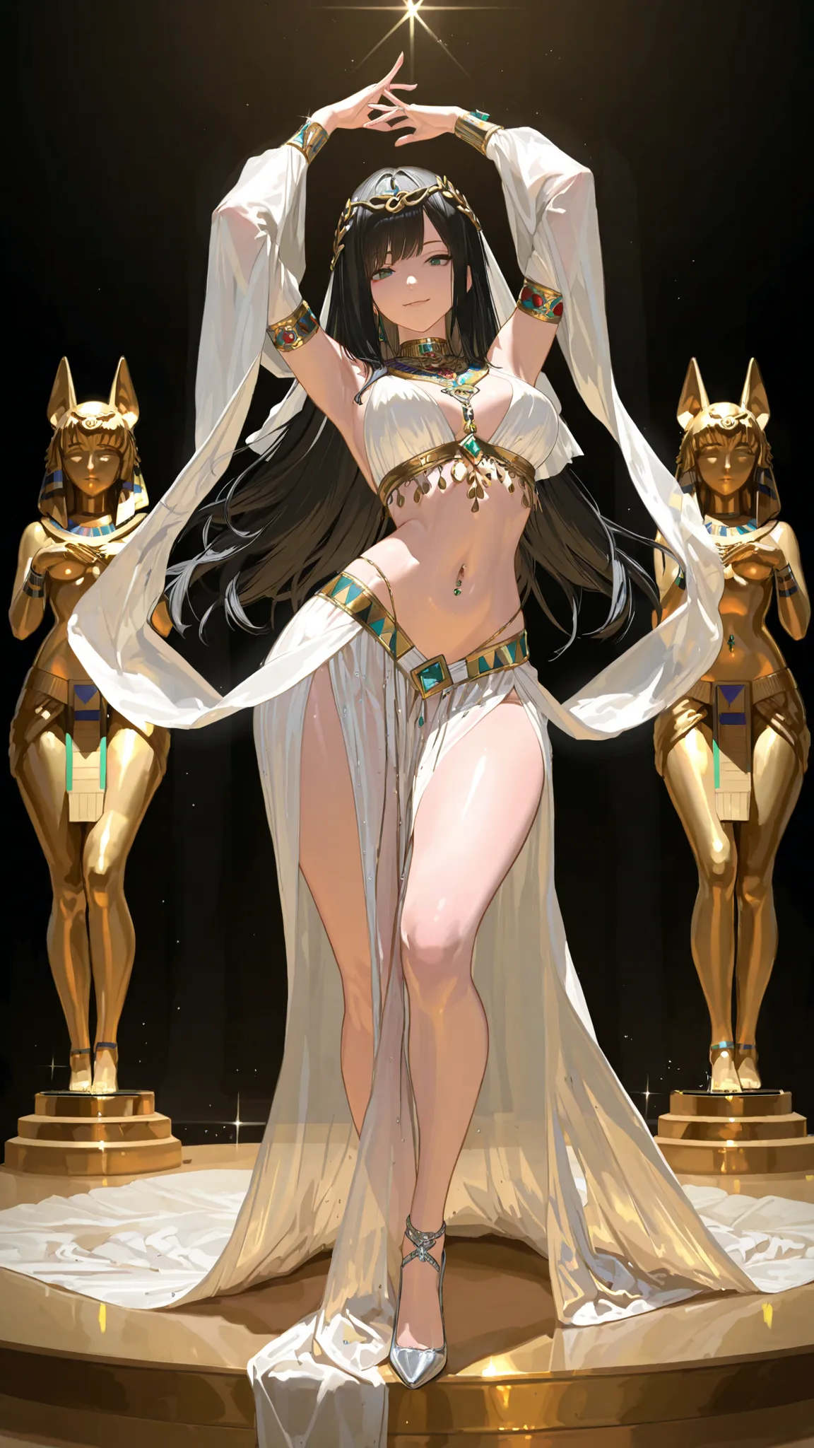 Ultra-realistic full-body photo of a graceful Korean woman with a soft curvy yet elegant hourglass body shape (fuller bust, fuller thighs, wide hips, narrow defined waist, softly toned stomach), adorned with a sparkling or golden navel piercing that catche...