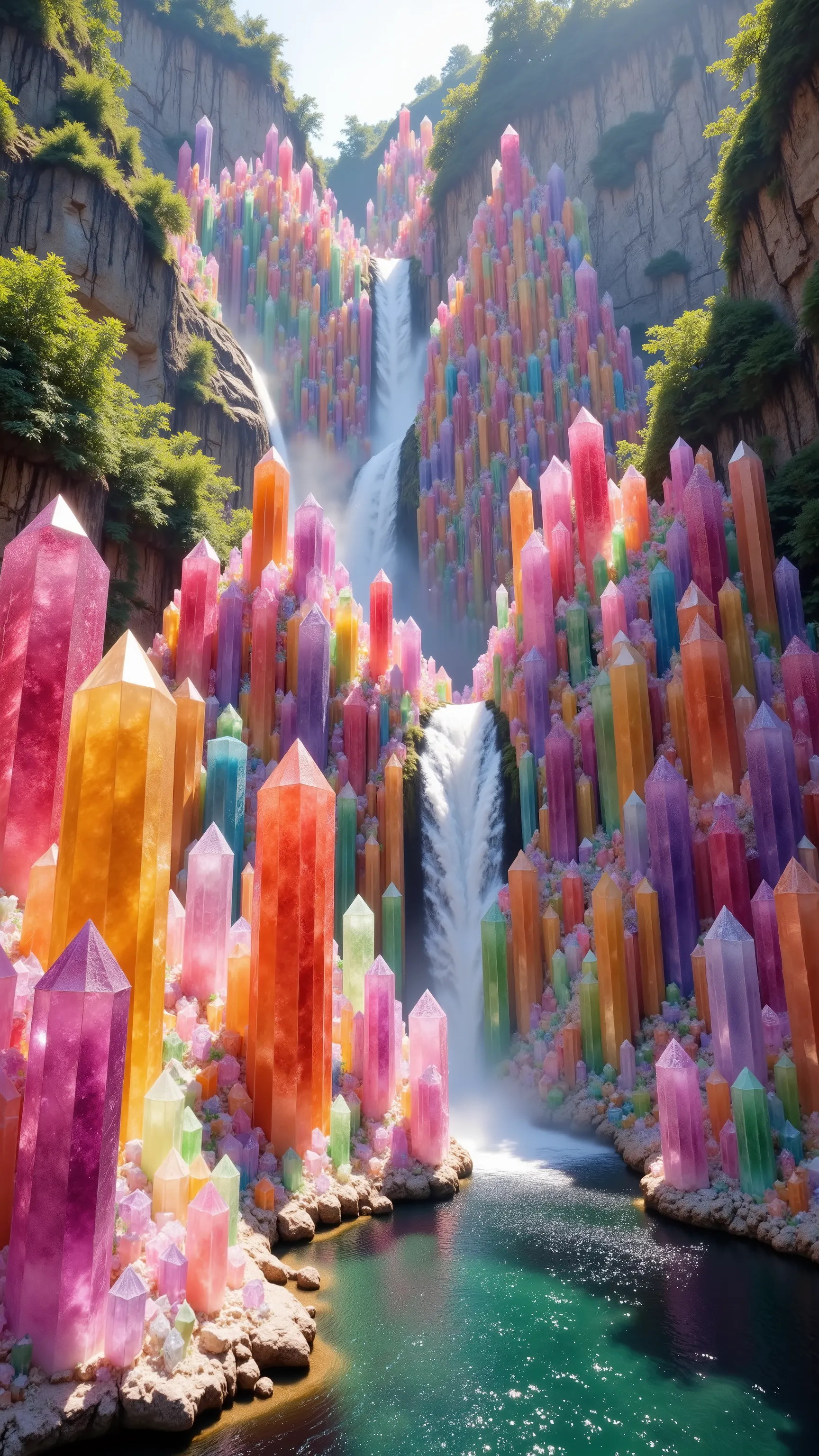 ***Use the lagoon and waterfall in the image provided, a cliff that is 300 feet tall made up of gigantic quartz crystal points that are multicolored pillars in a tropical rainforest. In the middle of these skyscraper sized quartz crystals is an incredible...