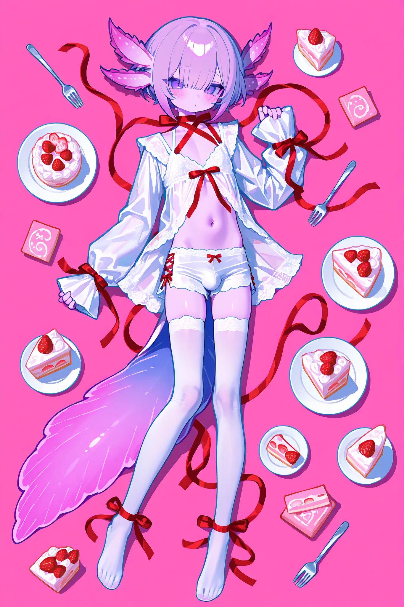 (male/boy character) The femboy idol. Beastman/furry/anthropomorphic axolotl. He has light pink skin covered with blush. He has a petite, flat-chested androgynous body structure. He has two-tone blue-purple eyes. He has two tone pink and purple short hair ...