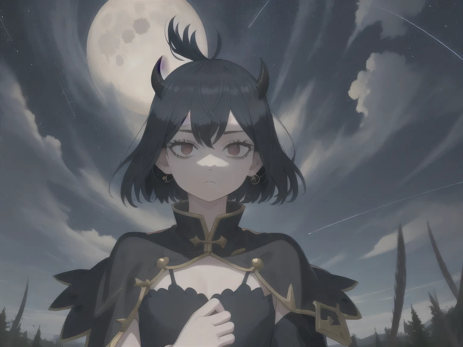 Place the character in the center of the image and lots of black feathers floating around it, dark starry sky background with waxing moon at night with clouds, em 4k, secret swallowtail, uma garota, only, looking at the viewer, vestido, black vestido, blac...