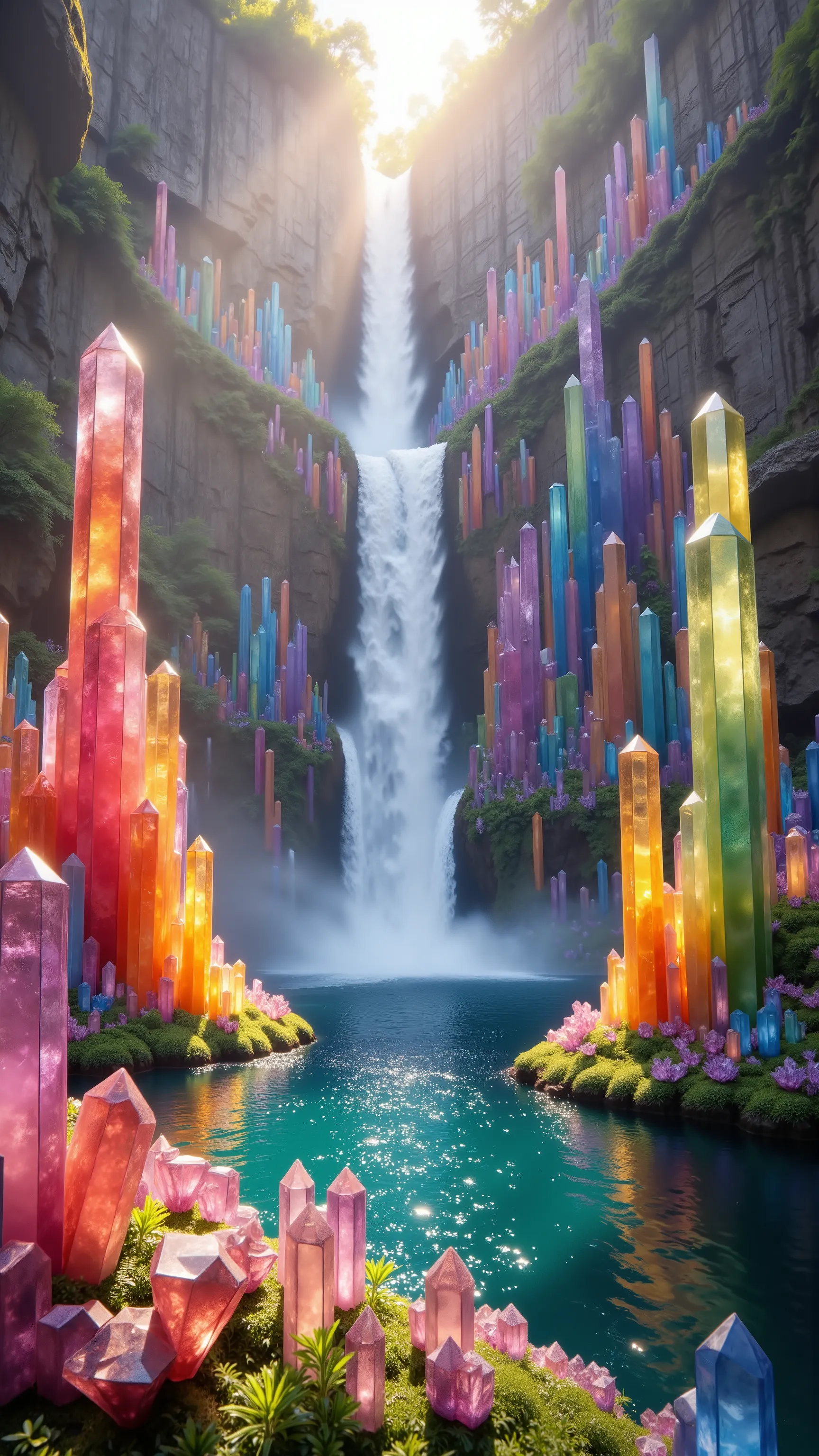 
***Use the lagoon and waterfall in the image provided, a cliff that is 300 feet tall made up of gigantic quartz crystal points that are multicolored pillars in a tropical rainforest. In the middle of these skyscraper sized quartz crystals is an incredible...
