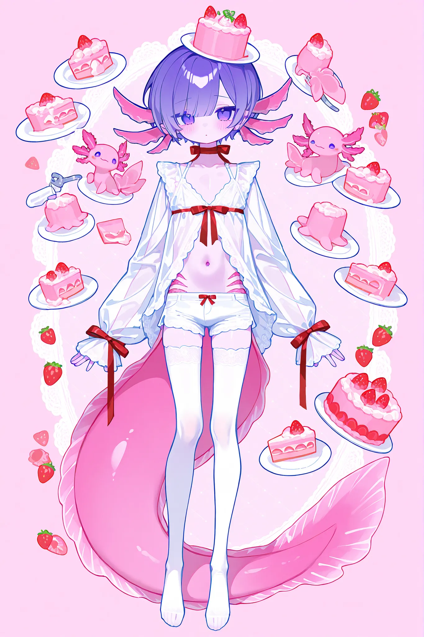 (male/boy character) The femboy idol. Beastman/furry/anthropomorphic axolotl. He has light pink skin covered with blush. He has a petite, flat-chested androgynous body structure. He has two-tone blue-purple eyes. He has two tone pink and purple short hair ...