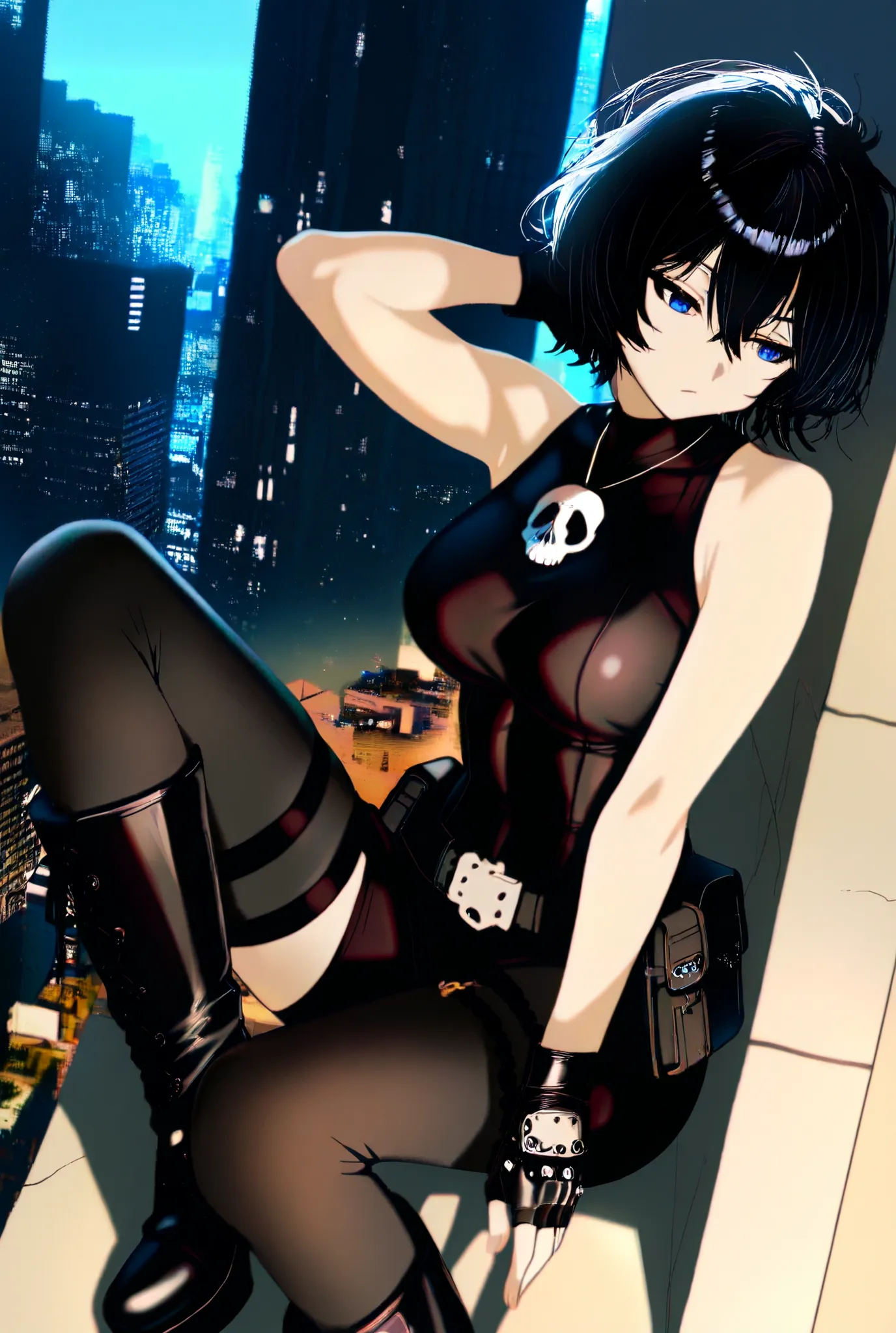 Anime Adult Female, Sunkissed Skin, Shoulder Length Messy Layered Black hair, Bored Glaucous Blue Eyes, Black Sleeveless Short Legged Bodysuit with Black Knee High Four Inch Platform Boots and Fingerless Gloves, Black Leg Garter with a Skull Pendant in the...