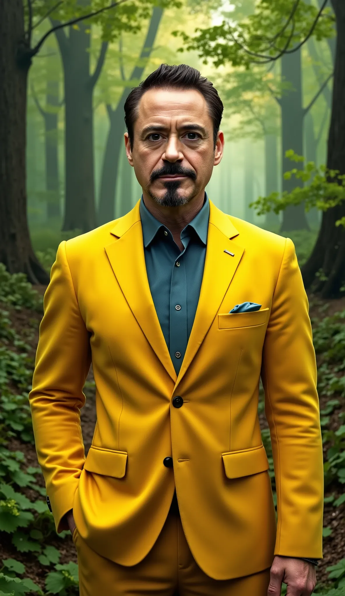 ROBERT DOWNEY Jr in a yellow suit and ultra realistic, epic background green trees in neon and ultra realistic