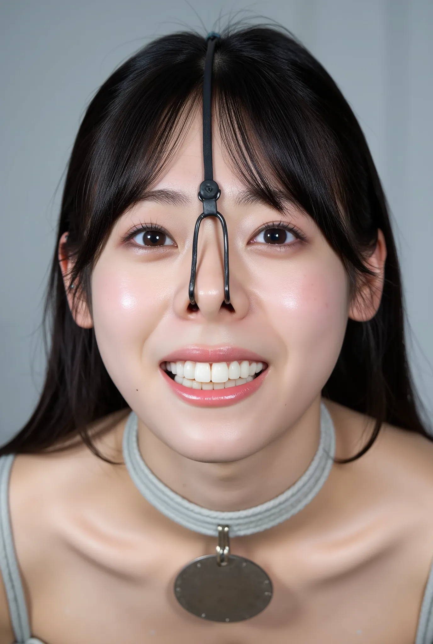 A high resolution photograph of a Japanese adult woman, wearing an off-shoulder dress, bending over, downblouse. Her hairstyle is straight very long black hair with long blunt bangs. She has flawless porcelain-white skin, fine-textured skin. She wears a pe...