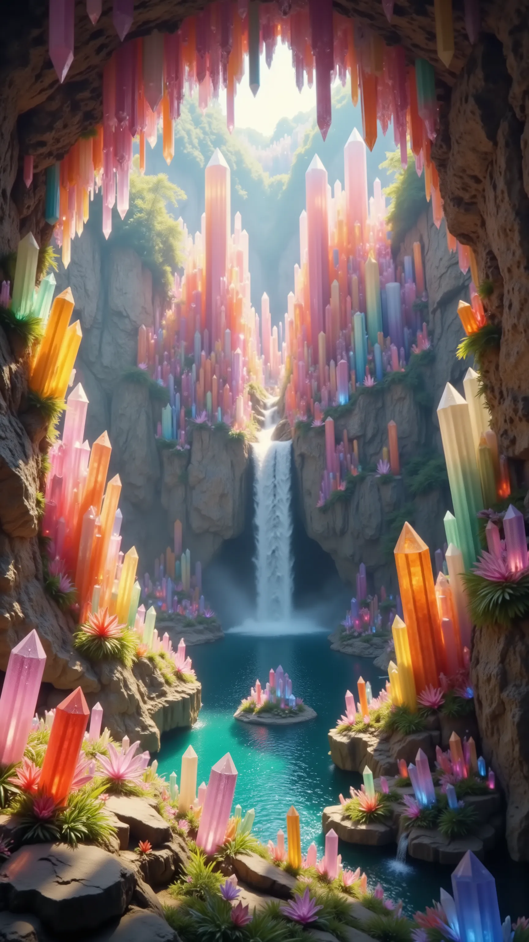 A cliff that is 300 feet tall made up of gigantic quartz crystal points that are multicolored translucent pillars in a tropical rainforest. In the middle of these skyscraper-sized quartz crystals is an incredible gushing cascading waterfall that pours down...