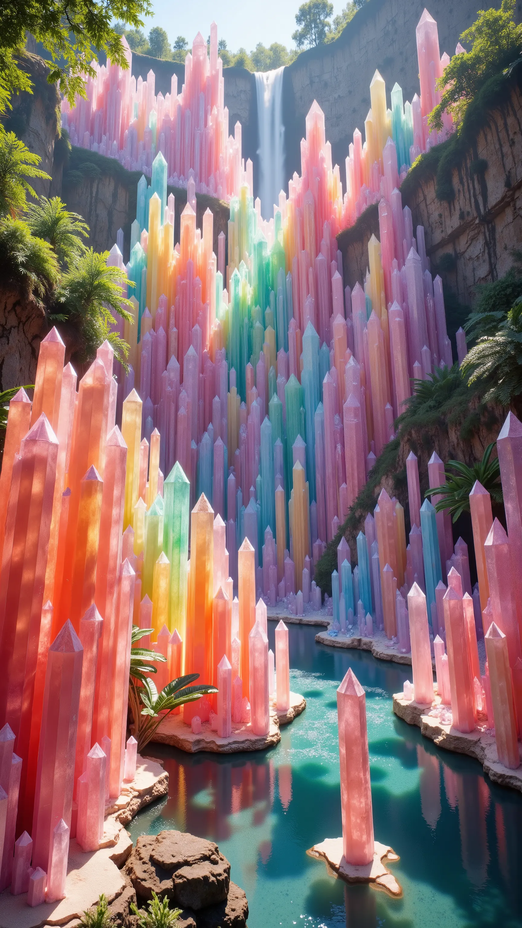 ***Use the lagoon and waterfall in the image provided, a cliff that is 300 feet tall made up of gigantic quartz crystal points that are multicolored pillars in a tropical rainforest. In the middle of these skyscraper sized quartz crystals is an incredible...
