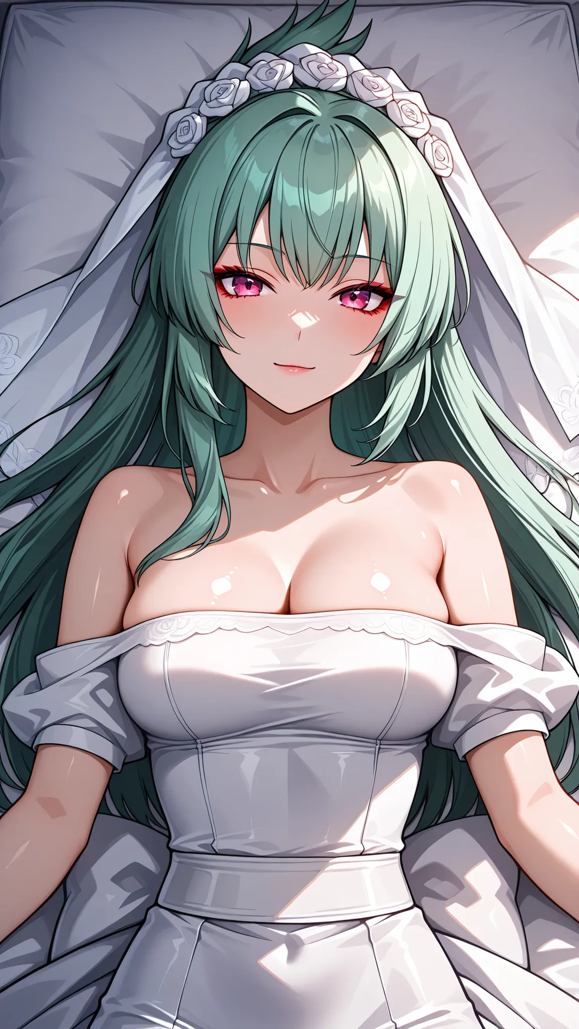 solo, kanzaki_saya,  mature woman, Tight waist、Small waist、shiny Skin , ((wedding dress)), off shoulder, upper body, light smile, lying on the bed,shoot from above