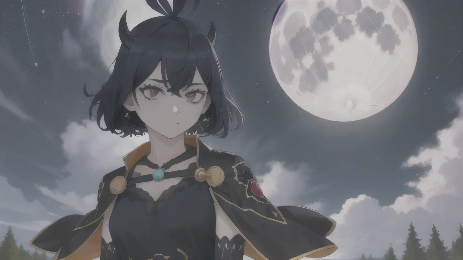 Place the character in the center of the image and lots of black feathers floating around it, dark starry sky background with waxing moon at night with clouds, secret swallowtail, uma garota, only, looking at the viewer, vestido, black vestido, black capa,...