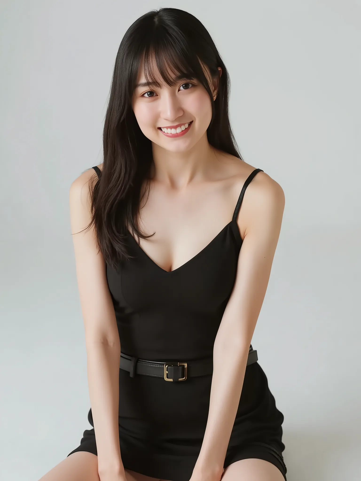 
1girl, solo, long hair, photo shot, (wearing size S tank top thin strap, black plated mini skirt), Natural breasts, (Beautiful Big breasts:1.6), (cleavage:1.5), look at viewers, 4K, crossed thight.