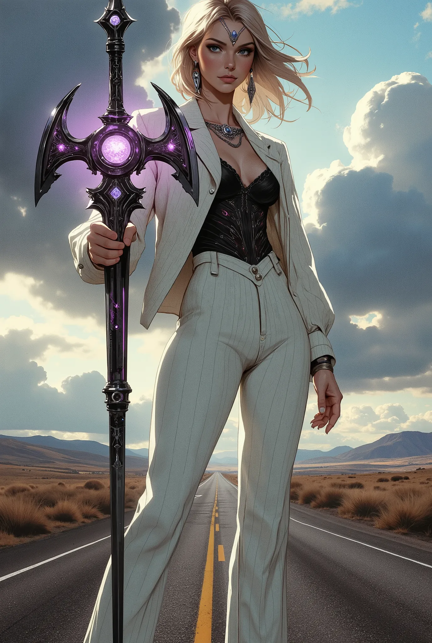 masterpiece, best quality, character concept art, exquisite mature character illustration. A full body portrait of a tall, formidable bounty hunter, a woman of Native American descent, with medium-length blonde hair, a chiseled oval face, deep-set and dete...