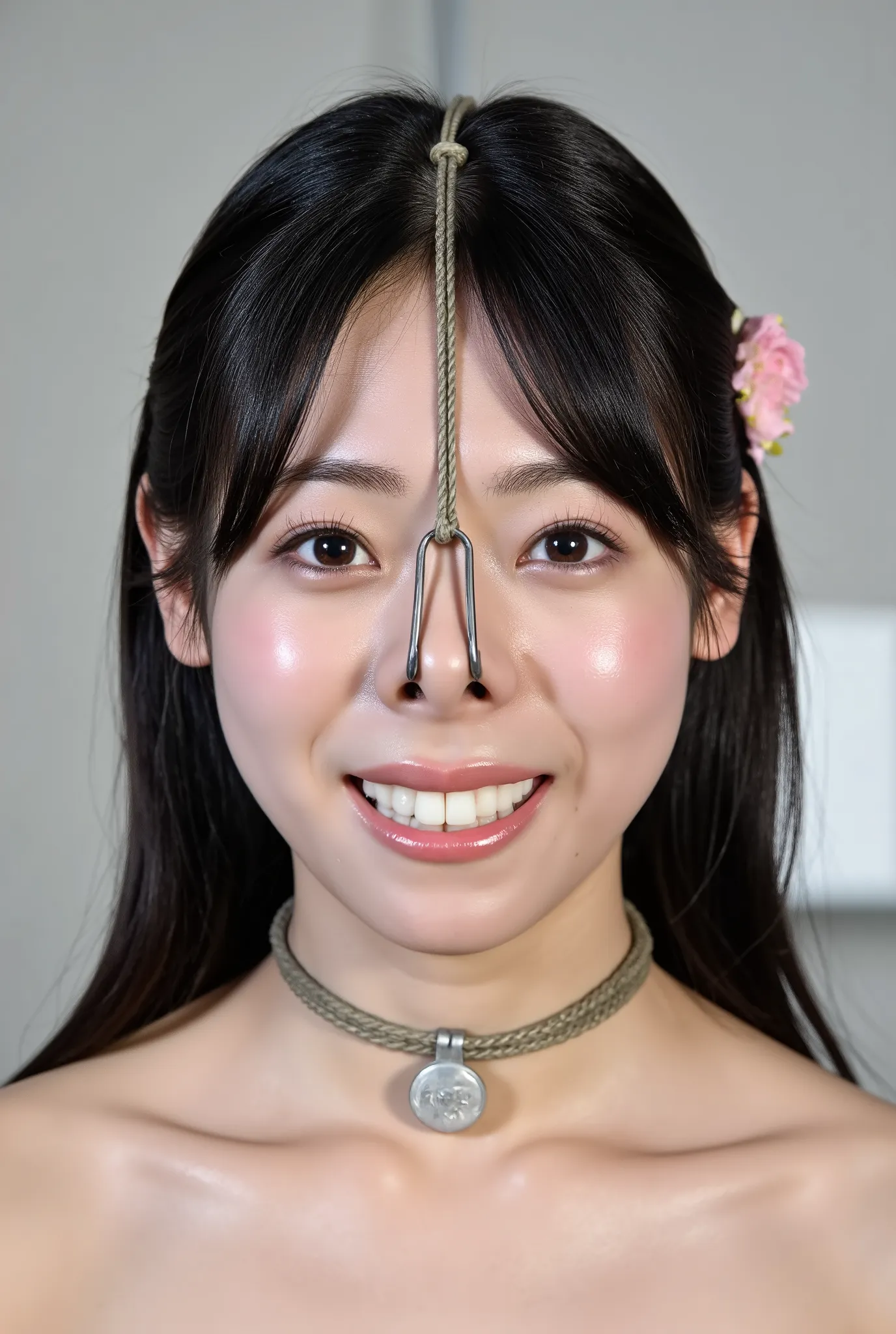 A high resolution photograph of a Japanese adult woman, wearing an off-shoulder dress. Her hairstyle is straight very long black hair with long blunt bangs. She has flawless porcelain-white skin, fine-textured skin. She wears a pet-collar with a tag, earri...