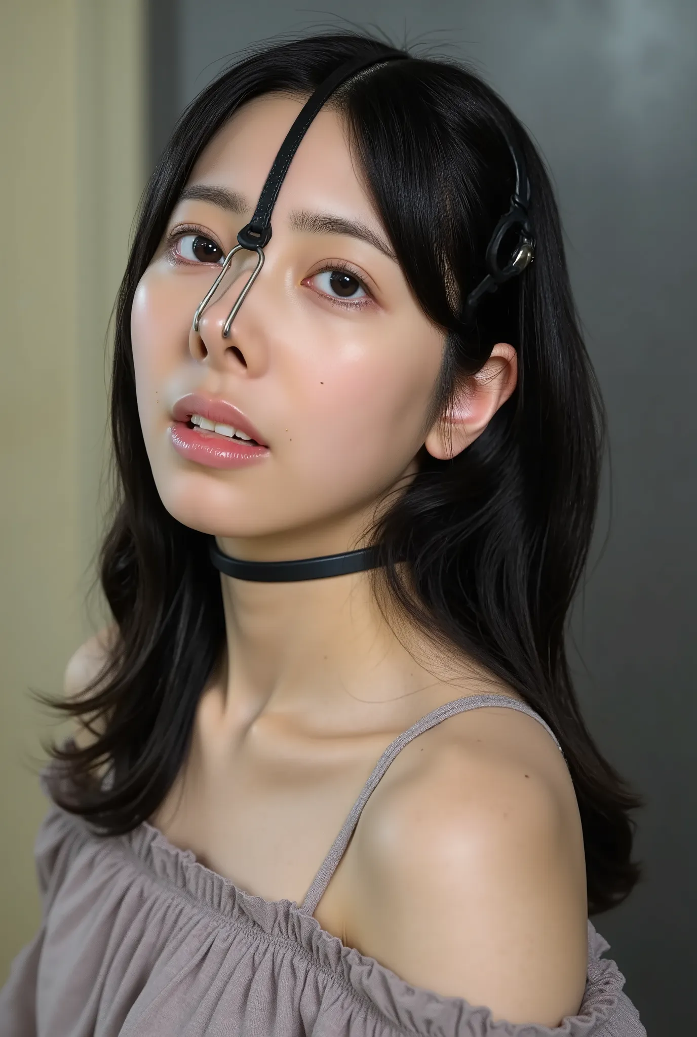 A high resolution photograph of a Japanese young woman, standing indoors, leaning backward, wearing an off-shoulder dress. Her hairstyle is long black hair parted middle showing forehead. She has flawless porcelain-white skin and fine-textured skin. (She w...