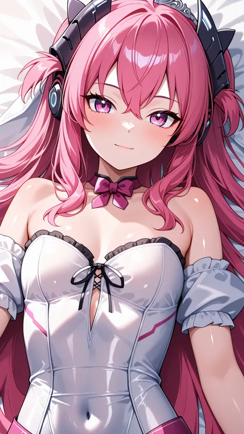 solo, grace_sveg, Tight waist、Small waist、shiny Skin , ((wedding dress)), off shoulder, upper body, light smile, lying on the bed,shoot from above