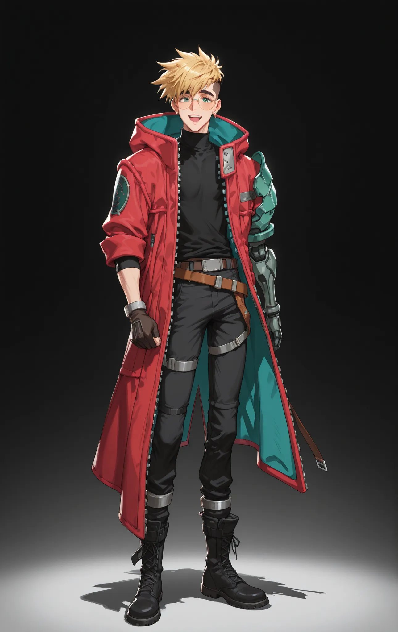 1man, slender, blonde, half-buzzcut, swept bangs, emerald eyes, skinny, fit, one earring, bold eyebrows, black turtleneck undershirt, red coat, large coat, hood down, one rolled sleeve, one robotic arm, cyborg, black pants, black boots, belt, standing, fac...
