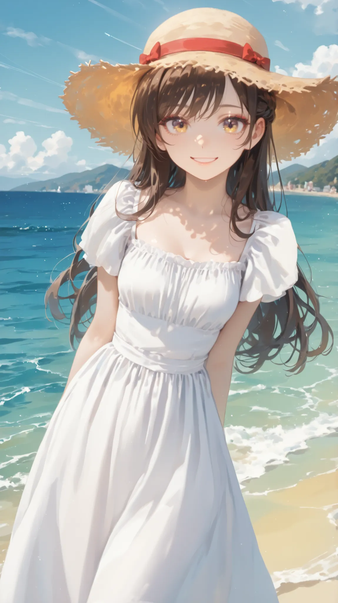 red bow straw hat:1.4,Light yellow light on light brown eyes gradation eyes:1.3,open eyes:1.2,provocative expression:1.3.look at the front:1.3 light smile:1.3,Very detailed、:1.3, masterpiece、４K,White ロングワンピース,e-mouth:1.2,Mizuhara Chizuru
