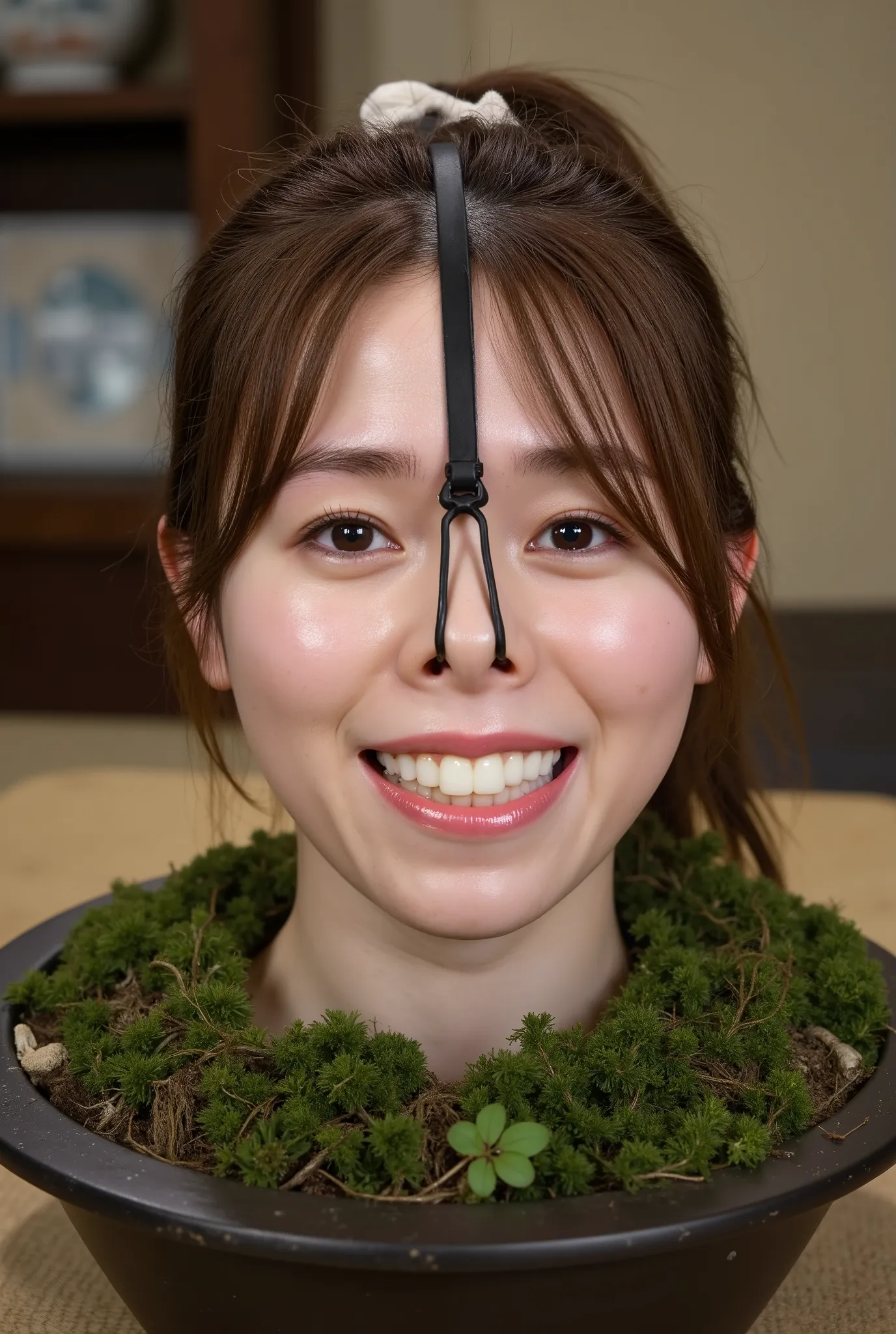 A high resolution photograph of the head and neck of a young Japanese woman buried in the center of the moss-covered soil in a bonsai pot placed on a table in a traditional Japanese home. 
No part of her body is visible below the shoulders. 
(Her hairstyle...