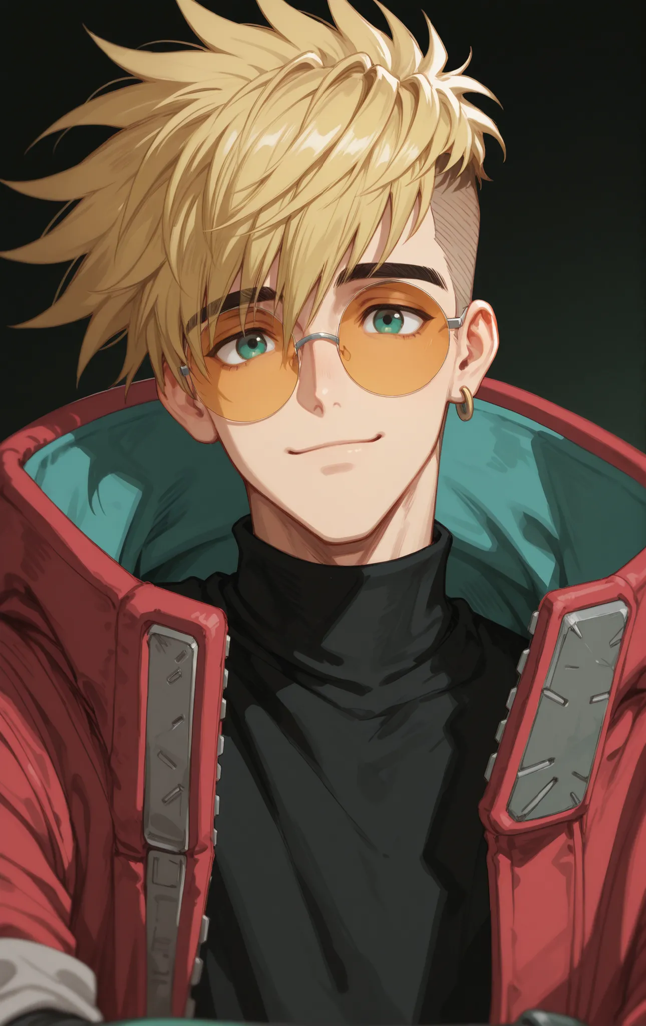 1man, slender, blonde, half-buzzcut, swept bangs, emerald eyes, skinny, fit, one earring, bold eyebrows, black turtleneck undershirt, red coat, large coat, hood down, one rolled sleeve, one robotic arm, cyborg, portrait, waist-up view, facing viewer, happy...