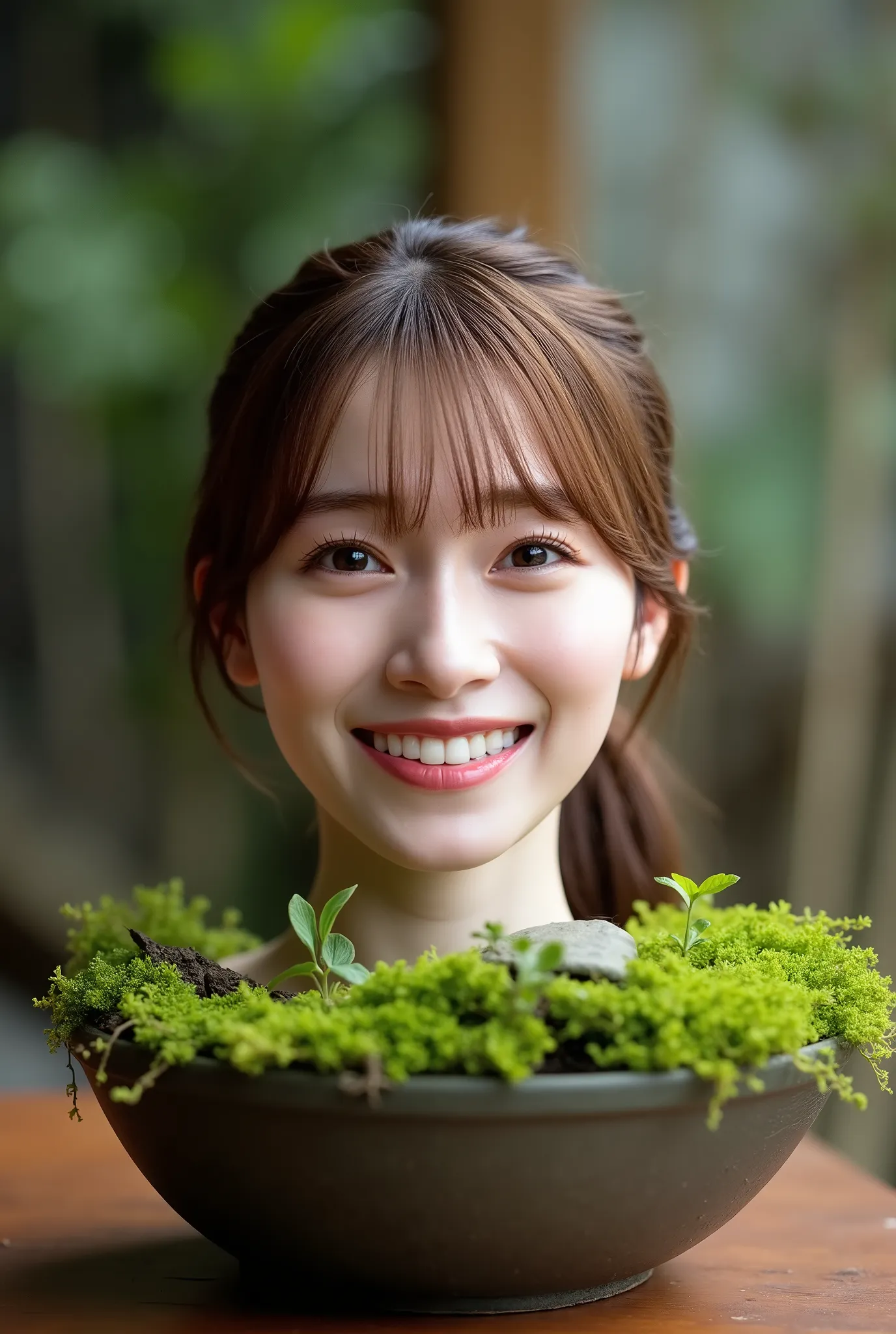 A high resolution photograph of the head and neck of a young Japanese woman buried in the center of the moss-covered soil in a bonsai pot placed on a table in a traditional Japanese home. 
No part of her body is visible below the shoulders. 
(Her hairstyle...