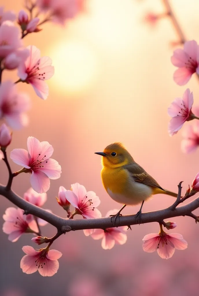 In the warm morning light,A golden bird stands on a branch full of cherry blossoms,Light pink petals fluttering with the wind,, the sky is fading in the distance,with fuchsia in the distance,The whole picture is filled with soft light,The image quality is ...