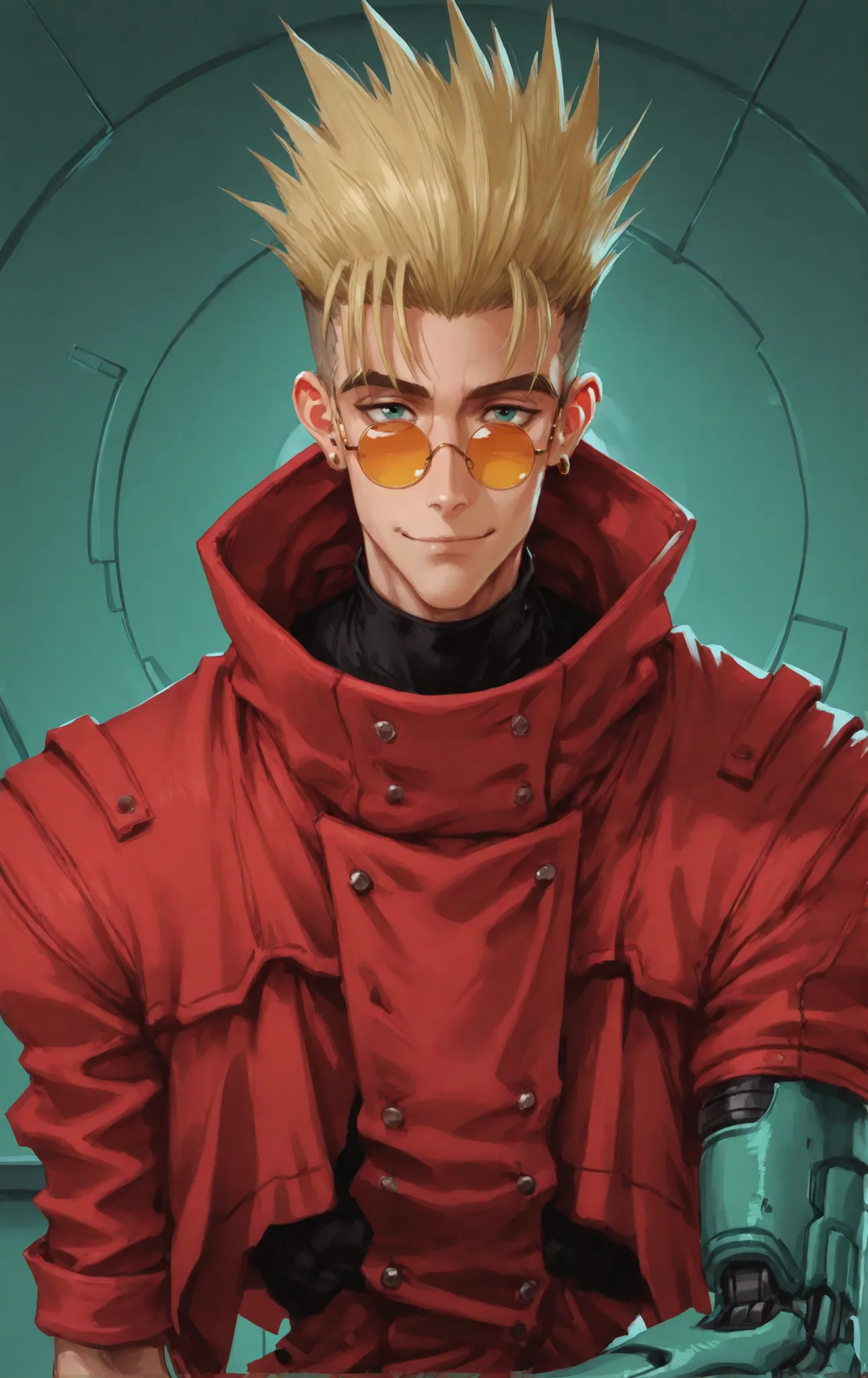 1man, slender, blonde, half-buzzcut, swept bangs, emerald eyes, skinny, fit, one earring, bold eyebrows, black turtleneck undershirt, red coat, large coat, hood down, one rolled sleeve, one robotic arm, cyborg, portrait, waist-up view, facing viewer, happy...