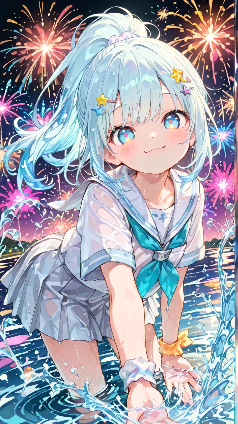 (masterpiece:1.2), (top quality), (beautiful detailed eyes:1.2), (beautiful background:1.2), (highly detailed CG), (very detailed and beautiful:1.1), (perfect details:1.1), (amazing), (stunning), (illustration),
1girl, solo,
(cute teenage girl:1.4), (youthful features), (playful expression:1.5), (happy smile:1.4), (rosy cheeks),
(splashing water towards viewer:1.8), (kicking water from puddle), (water splashing directly at camera), (making a splash), (wet), (dynamic water),
(sailor uniform:1.5), (white collar), (neckerchief), (pleated skirt), (school uniform),
(light blue hair:1.3), (high ponytail:1.2),
(clear hair accessory:1.2), (light-reflecting hair tie), (star-shaped hairpin), (moon-shaped hairpin), (shushu on one wrist:1.1), (soft pastel shushu),
(standing in water),
(sweating), (flushed face),
(looking at viewer),
(fireworks in background:1.5), (exploding fireworks), (night sky), (colorful fireworks),
(water), (sekai), (soft), (pastel), (colorful), (detailed), (details),
,dynamic light, prism, glowing particles, reflection, lens flare, flare, high contrast, (overlay) lens flare, (overlay) glowing particles,