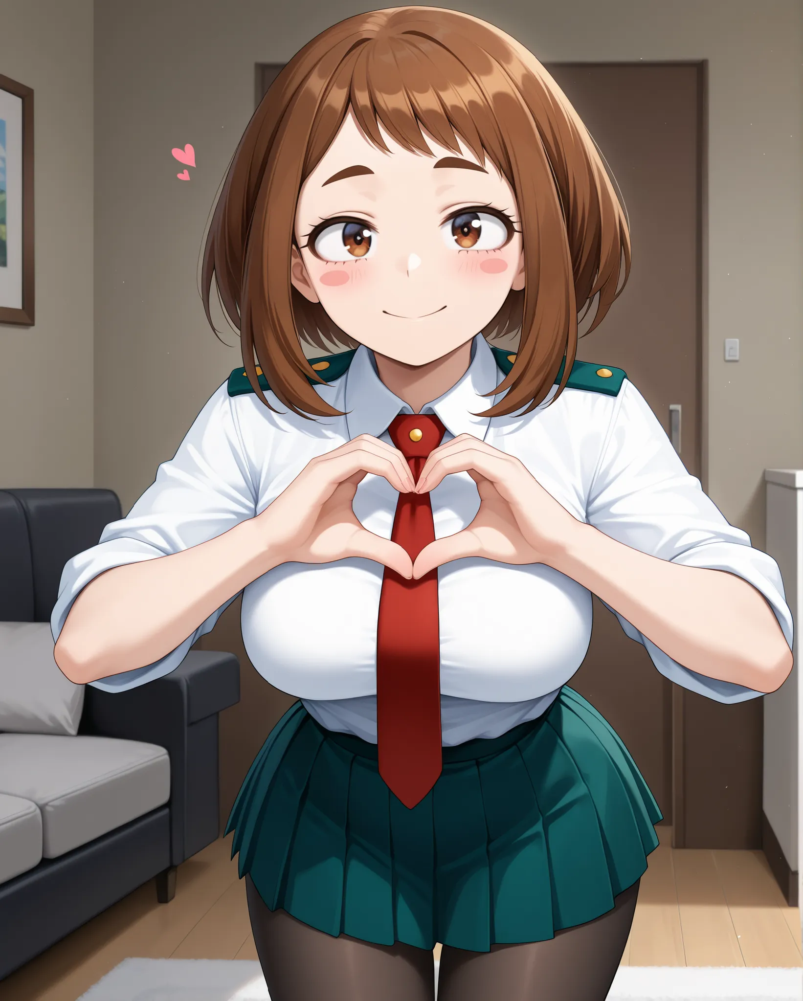 open eyes, eyes wide open, happy, neutral expression, 
joined hands, heart shaped hands, standing, standing straight, behind view, cowboy shot, head, thighs, large breasts, 

	Ochako Uraraka \My hero academia\, 
brown hair, brown eyes, short hair, blush st...