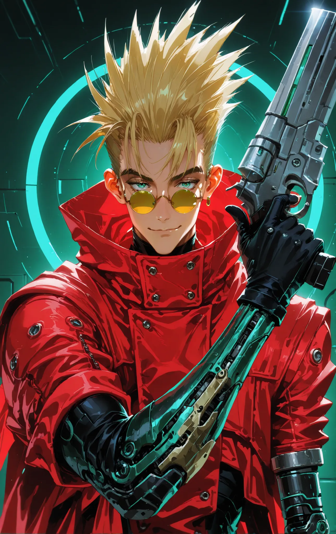 1man, slender, blonde, half-buzzcut, swept bangs, emerald eyes, skinny, fit, one earring, bold eyebrows, black turtleneck undershirt, red coat, large coat, hood down, one rolled sleeve, one robotic arm, cyborg, portrait, waist-up view, facing viewer, happy...