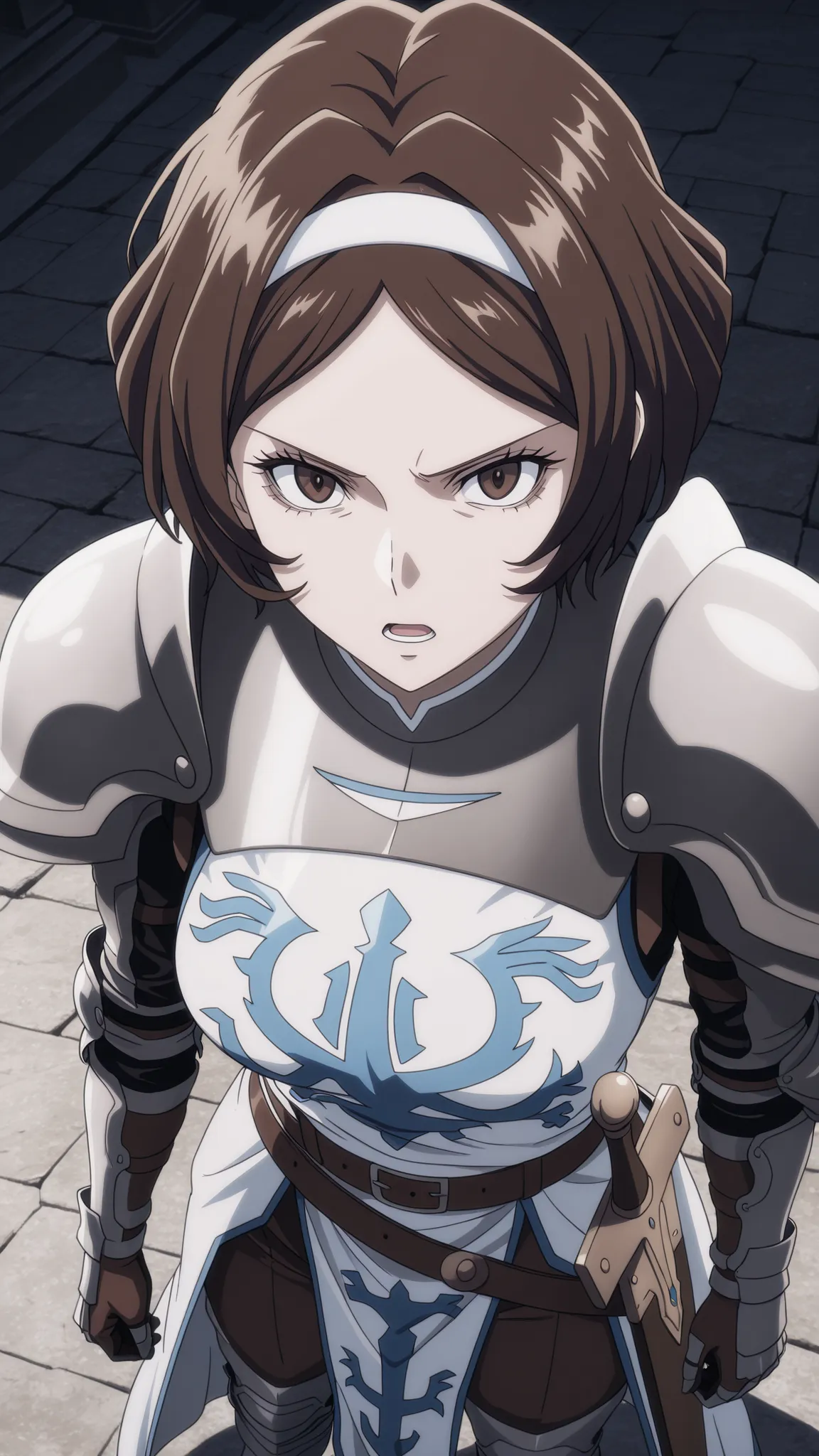 Remedios_Custodio, Overlord
High quality ,  best quality , masterpiece,  High Resolution , anatomically correct, anime coloring,
solo, 1 girl, adult, cool woman​,
short_hair, brown_hair, brown_eyes, forehead
knight_white_robe_armored_pauldrons, white_hairb...